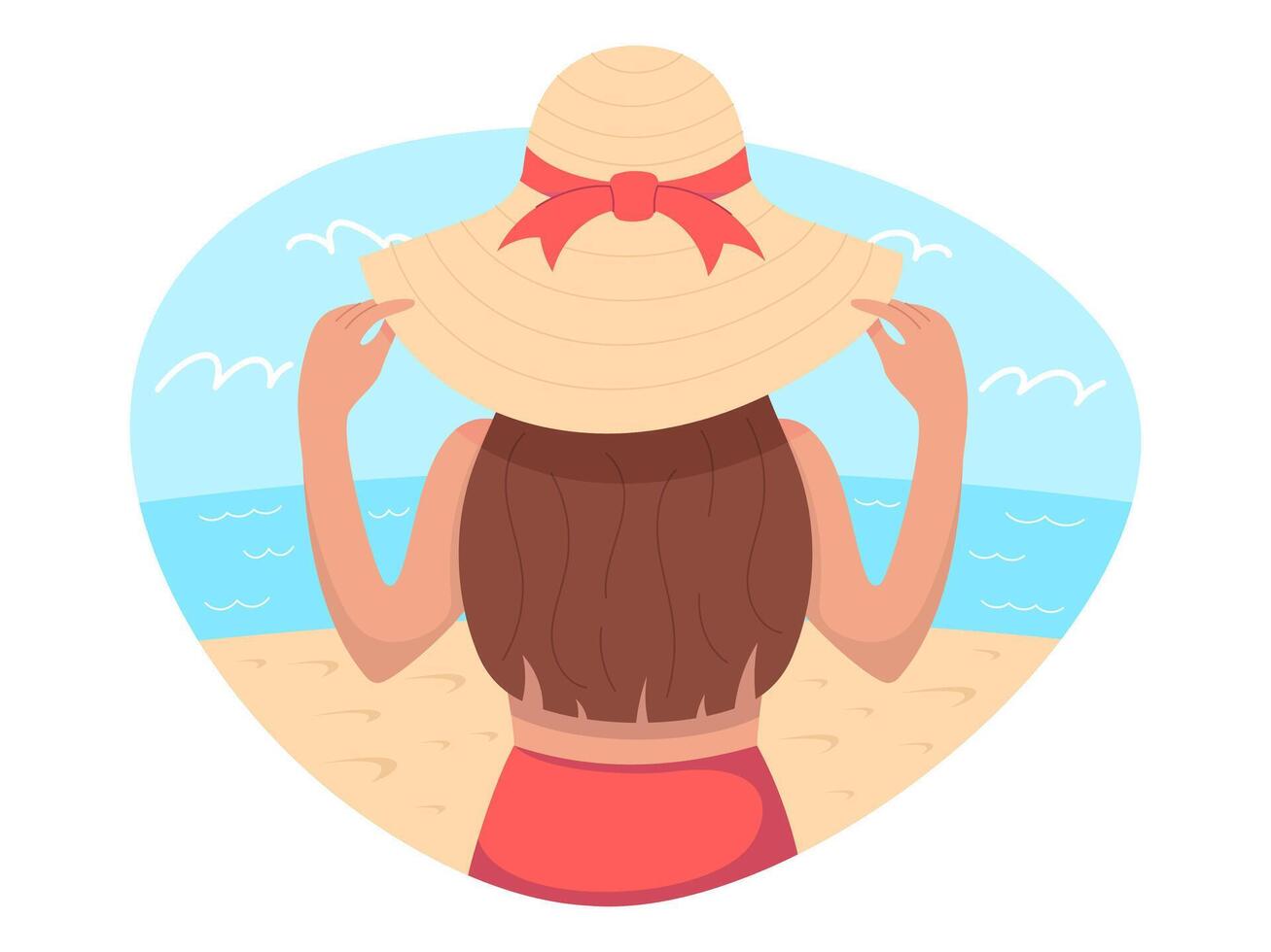 Girl in a beach hat by the sea, vector illustration