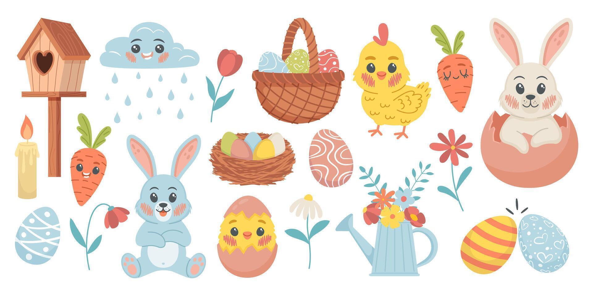 linda Pascua de Resurrección colocar. gracioso conejitos y pollos primavera día festivo. para póster, tarjeta, álbum de recortes, pegatinas vector