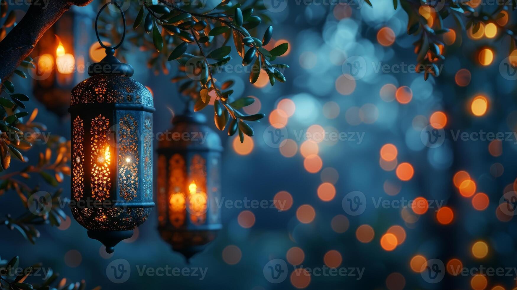 AI Generated Nighttime decoration of Arabic lanterns with burning candles. Glittering golden bokeh lights. Islamic religious holiday, Ramadan Kareem. Dark background with olive branches. photo