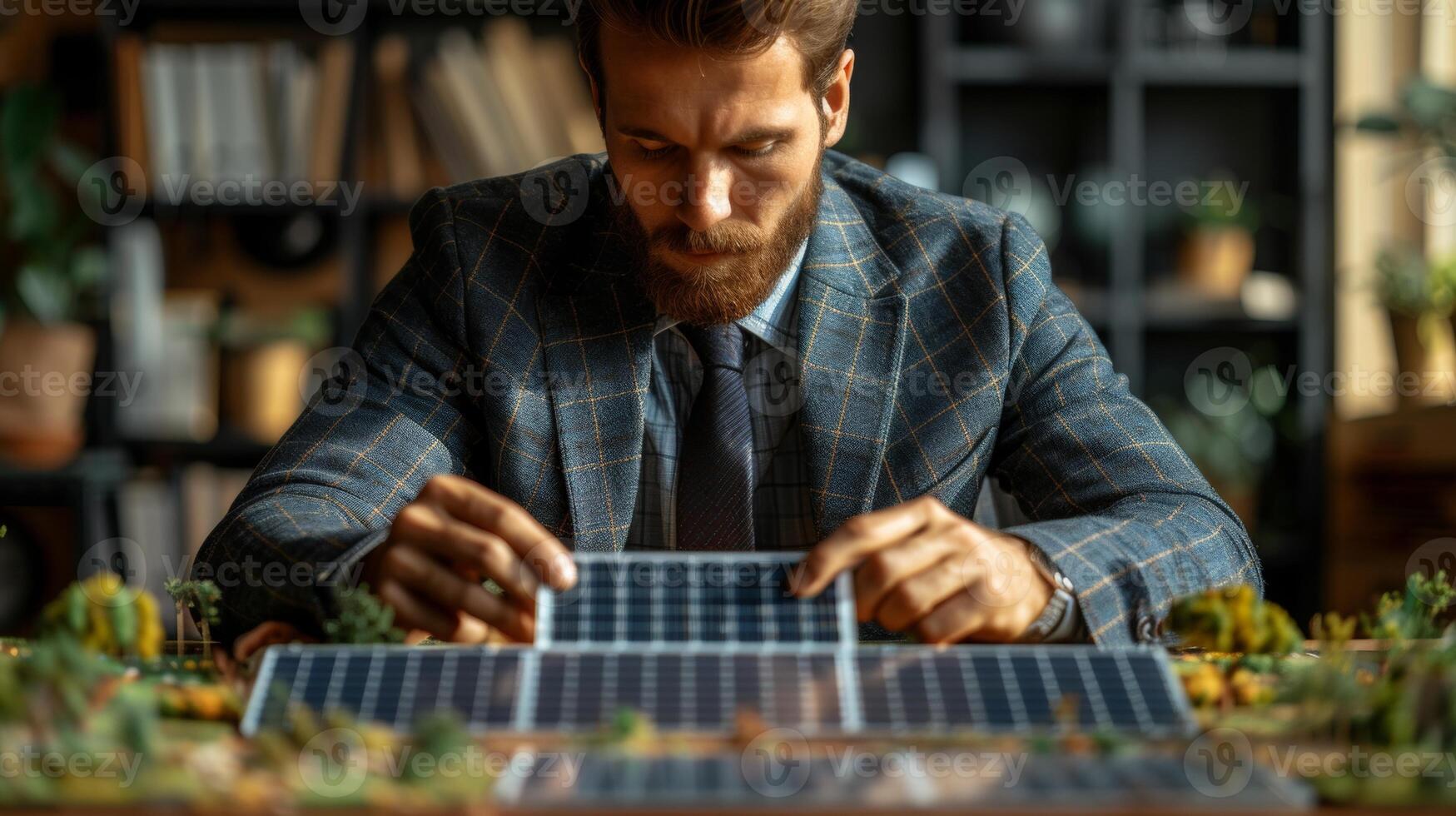 ai generado empresario explica solar panel modelo a colega en oficina y discute eso con él foto