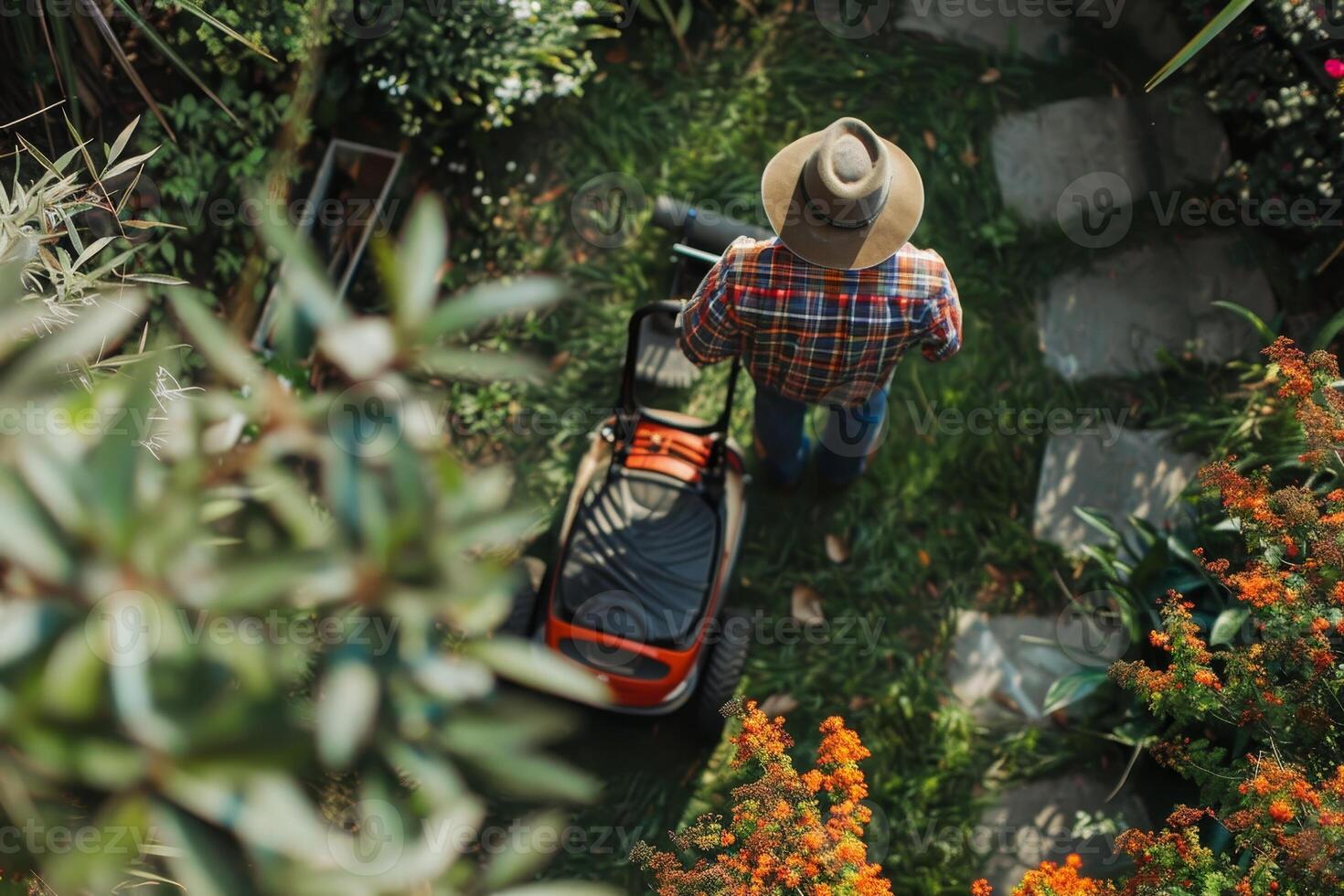 AI Generated This image shows a professional gardener pushing a push mower past the mowed lawn in the backyard. It is an image related to Garden Care and Maintenance. photo