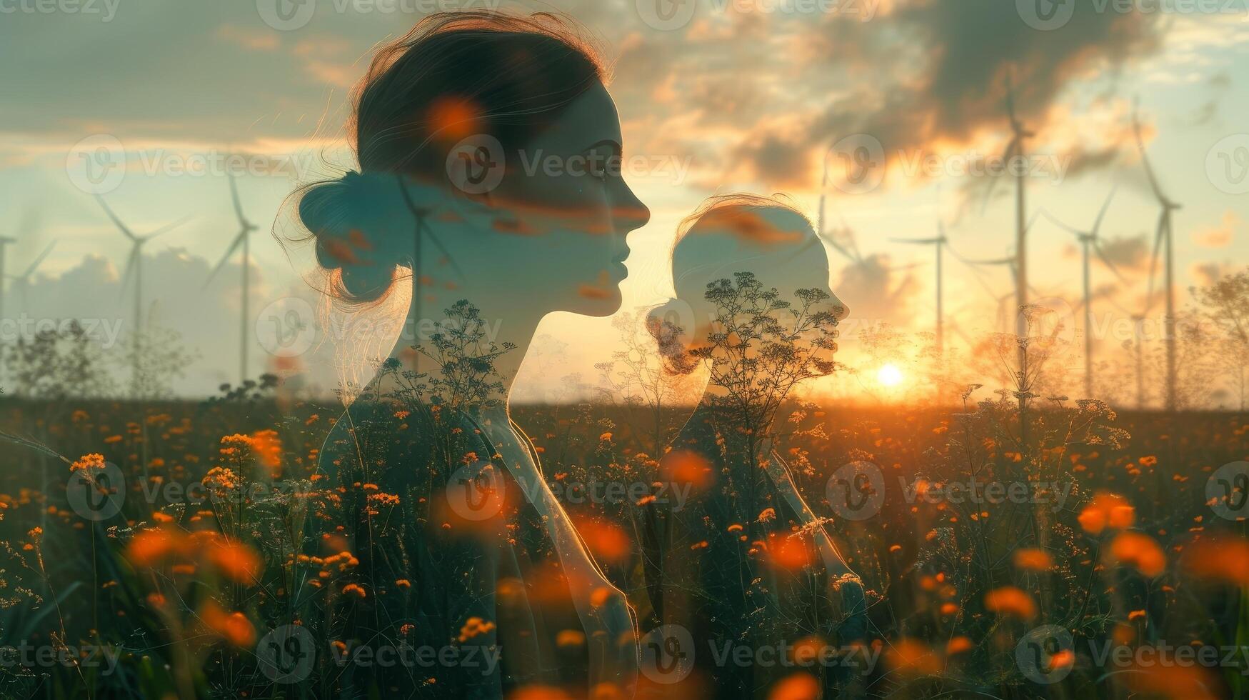 AI Generated This graphic shows a double exposure of people working over a wind turbine farm and an interface for green renewable energy workers. photo