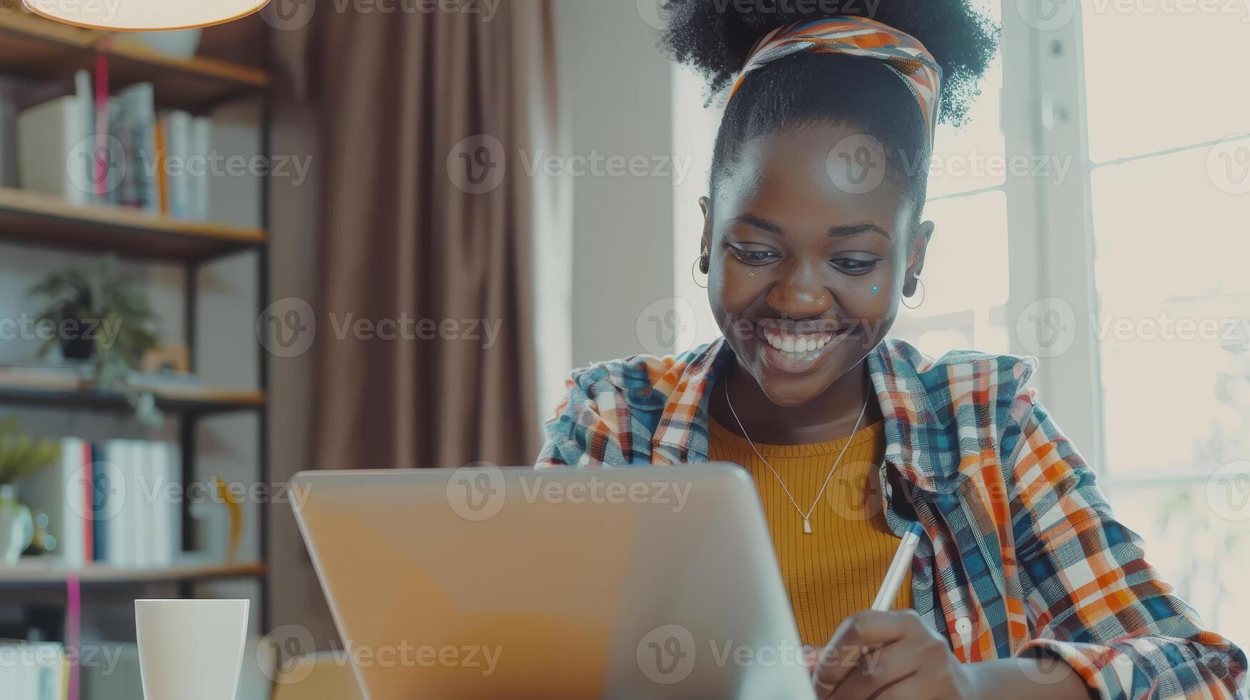 AI Generated The portrait of a smiling woman at her desk while she uses a laptop and writes in a notebook, taking notes, watching tutorials, lectures and webinars, studying online at home looking at a photo