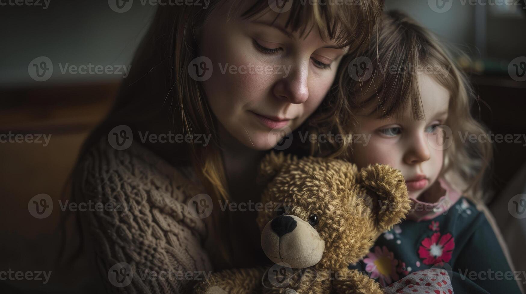 AI Generated Photograph of a mother and daughter holding a teddy bear photo