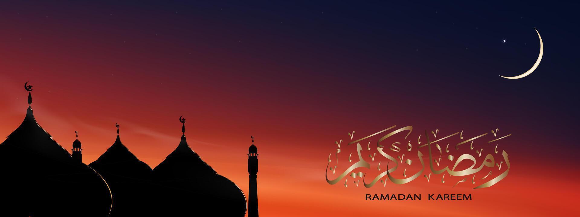 islámico antecedentes con Ramadán kareem caligrafía árabe, cúpula mezquitas,media luna Luna en azul cielo fondo, vector símbolo islámico religión con crepúsculo cielo, bandera eid Alabama adha, eid Alabama fitr mubarak