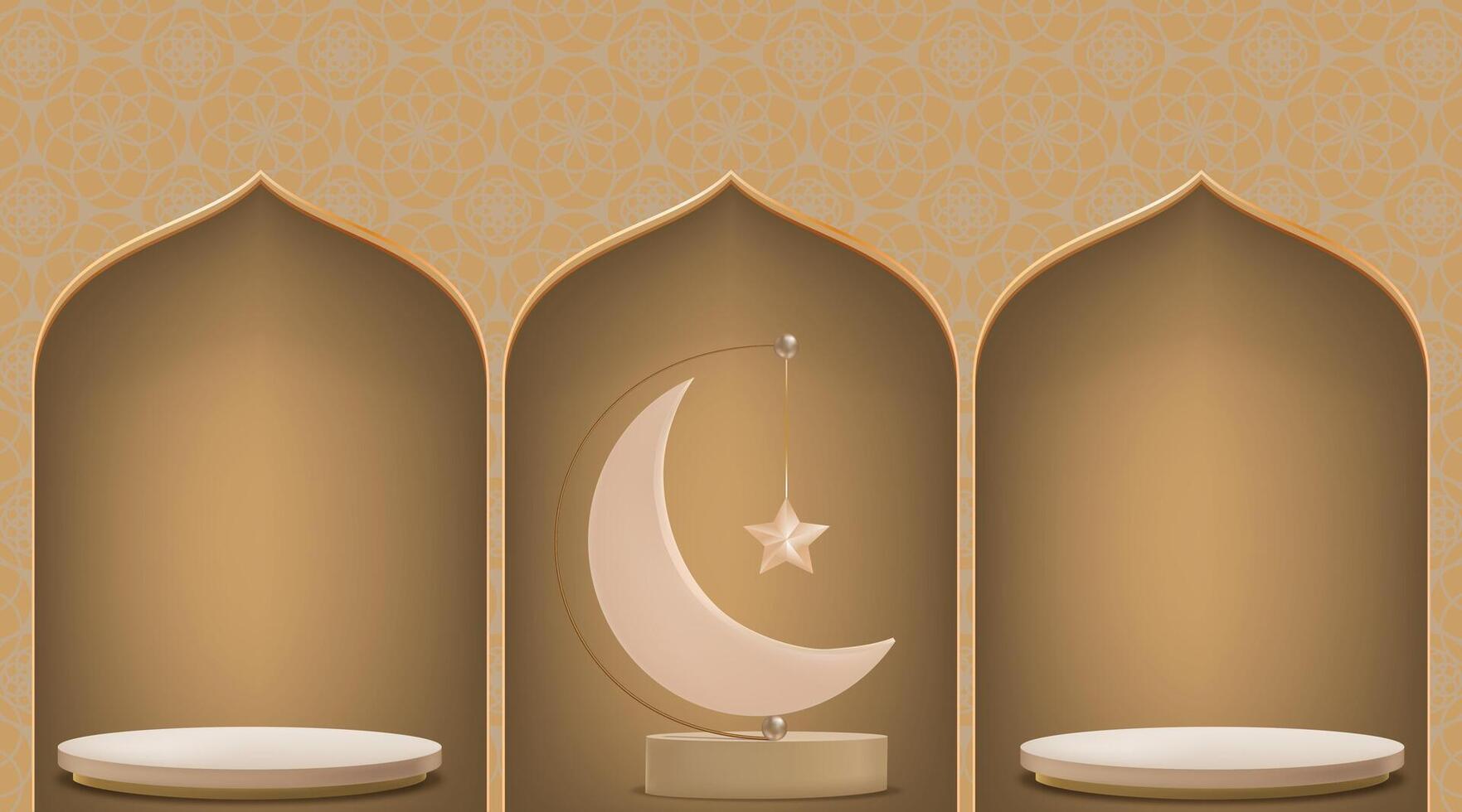 Eid al Adha Mubarak greeting design with Crescent Moon and Star hanging on 3D podium on Beige background.Vector Backdrop of Religion of Muslim Symbolic for Eid al fitr, Ramadan Kareem vector