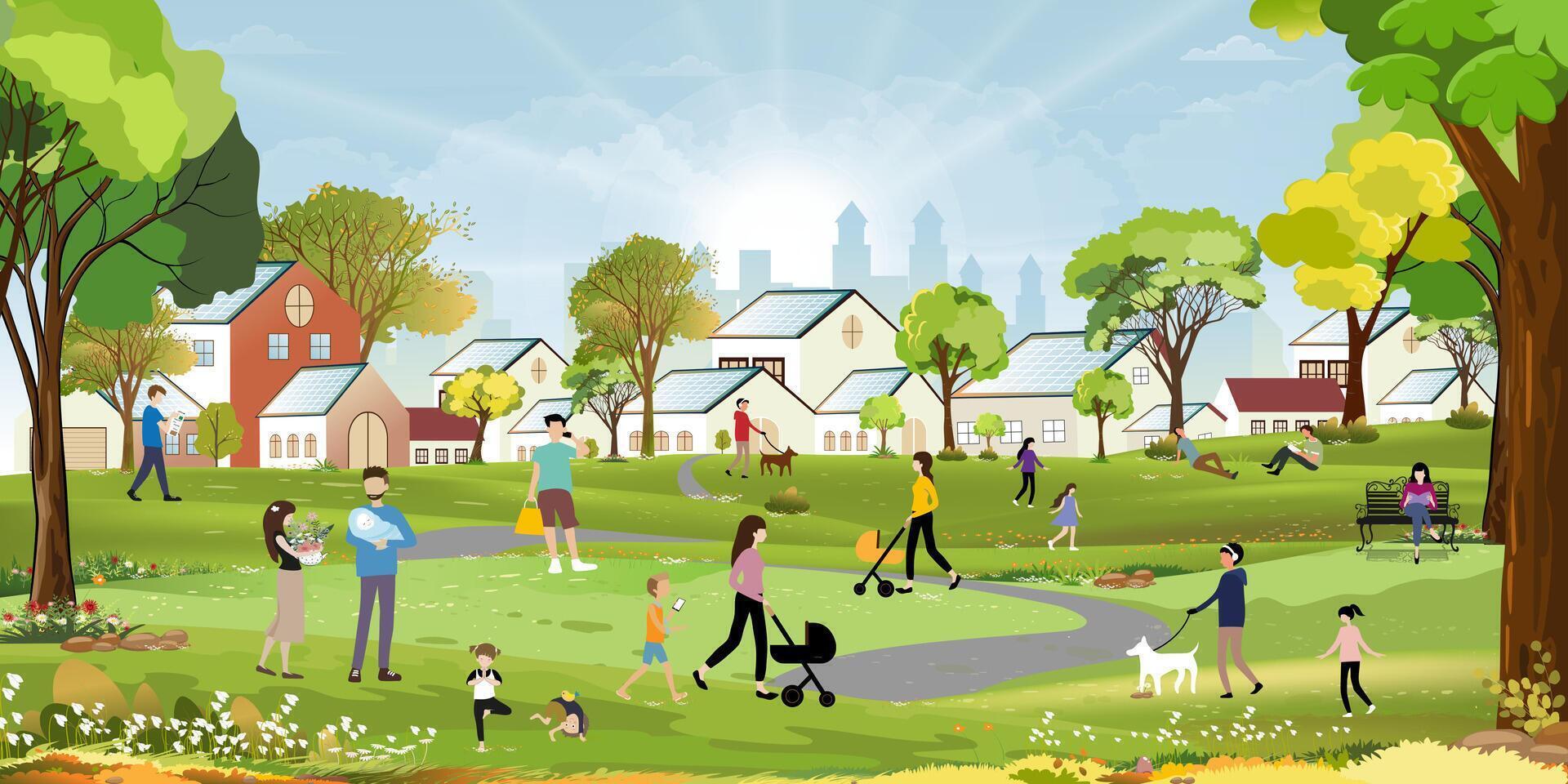 Ecology and Environment background,Spring landscape with lifestyle of People relaxing in nature City park,Modern house with solar panels and Blue sky cloud in sunny day Spring or Summer vector