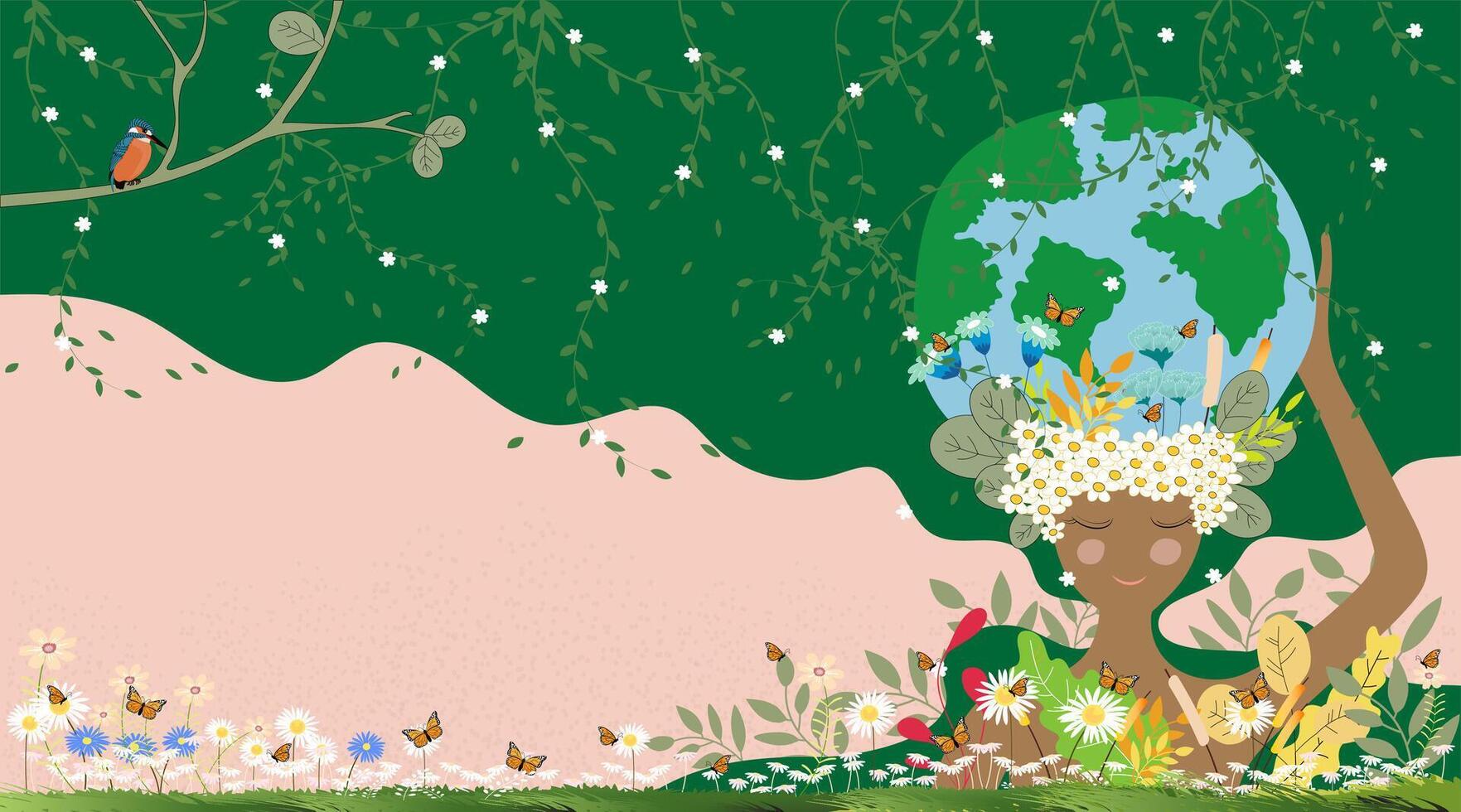 Mother earth day Background,Women with nature,earth planet,flowers field and birds,Vector Girl with wildl forest and globe, World environment background,Save the earth and Earth day,Green day concept vector