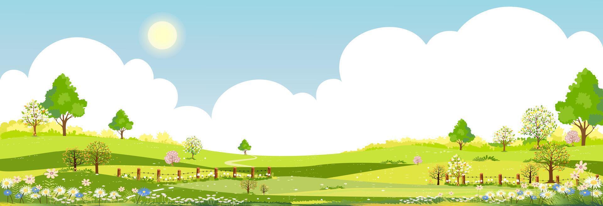 primavera fondo, vector azul cielo y nubes terminado verde campos paisaje con montaña, panorámica campo rural naturaleza en primavera con verde césped tierra.ilustracion para primavera y verano bandera