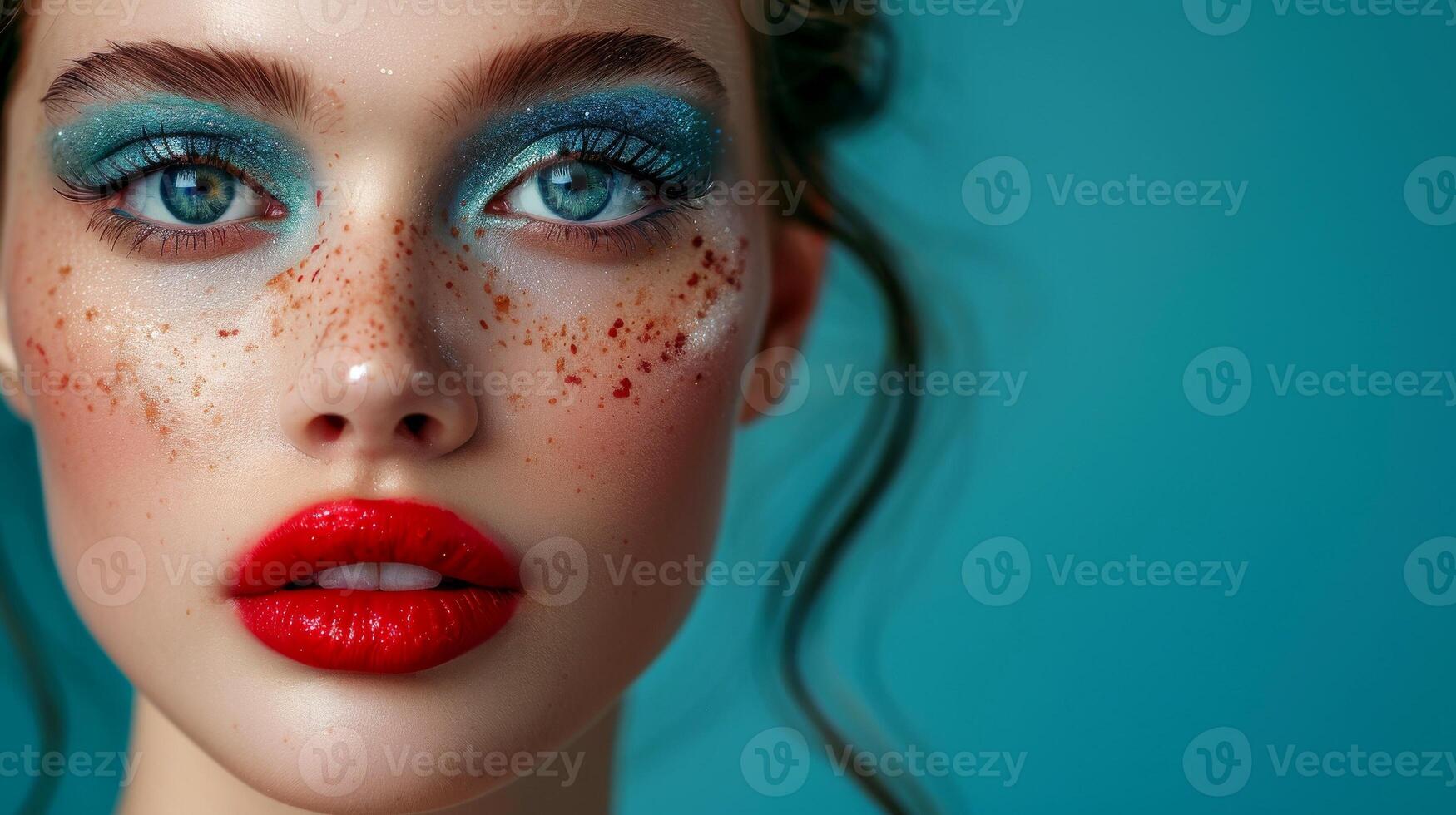 AI generated Close-up, Pretty face of a beautiful woman with multi colors vivid makeup on minimal background, Generative AI photo
