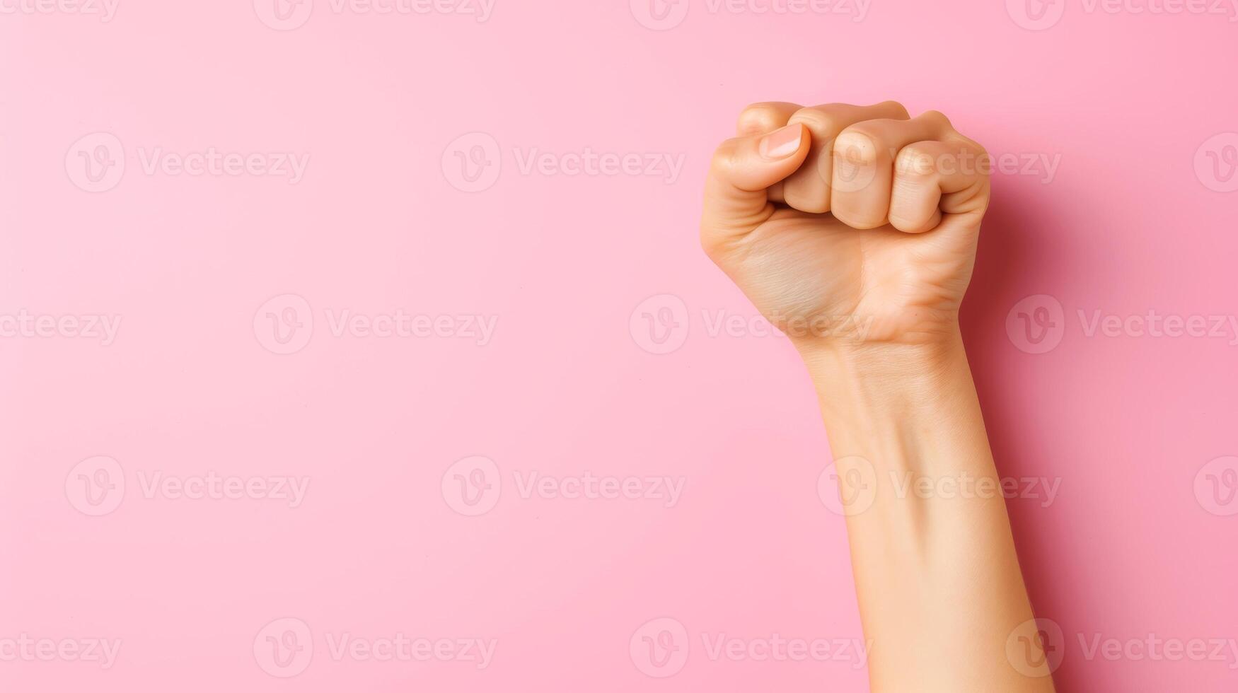AI generated Close-up, Human raises their right hand displaying the symbol for Women Day awareness, Generative AI photo