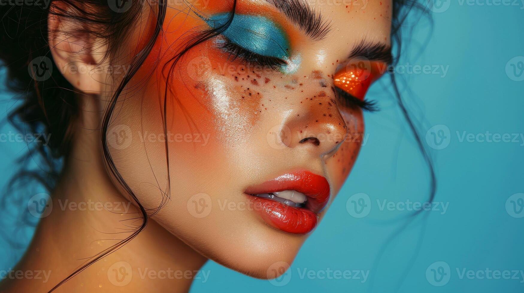 ai generado de cerca, bonito cara de un hermosa mujer con multi colores vívido maquillaje en mínimo fondo, generativo ai foto