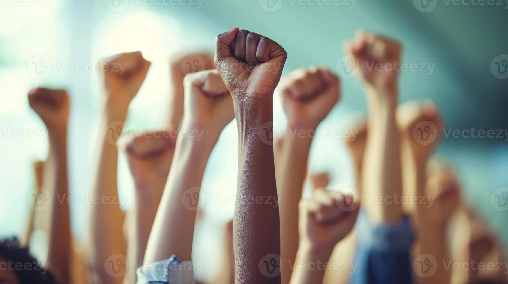 AI generated Close-up, Human raises their right hand displaying the symbol for Women Day awareness, Generative AI photo