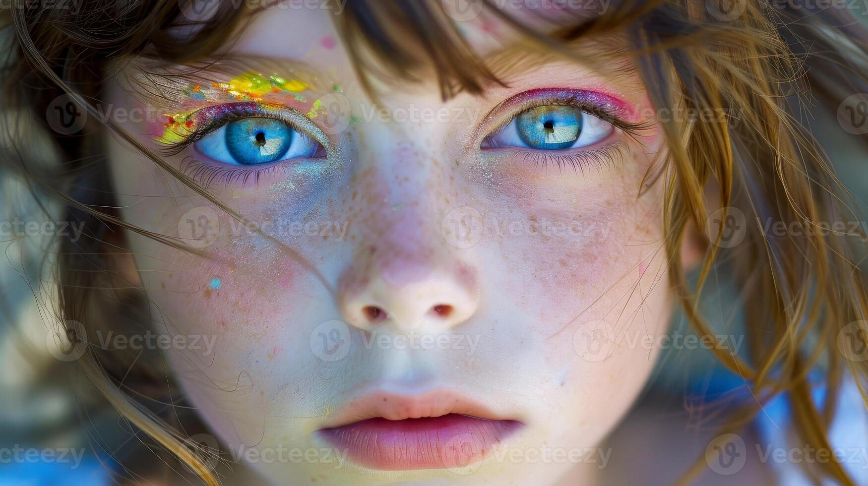 AI generated Close-up, Pretty face of a beautiful child girl with multi colors vivid makeup on minimal background, Generative AI photo