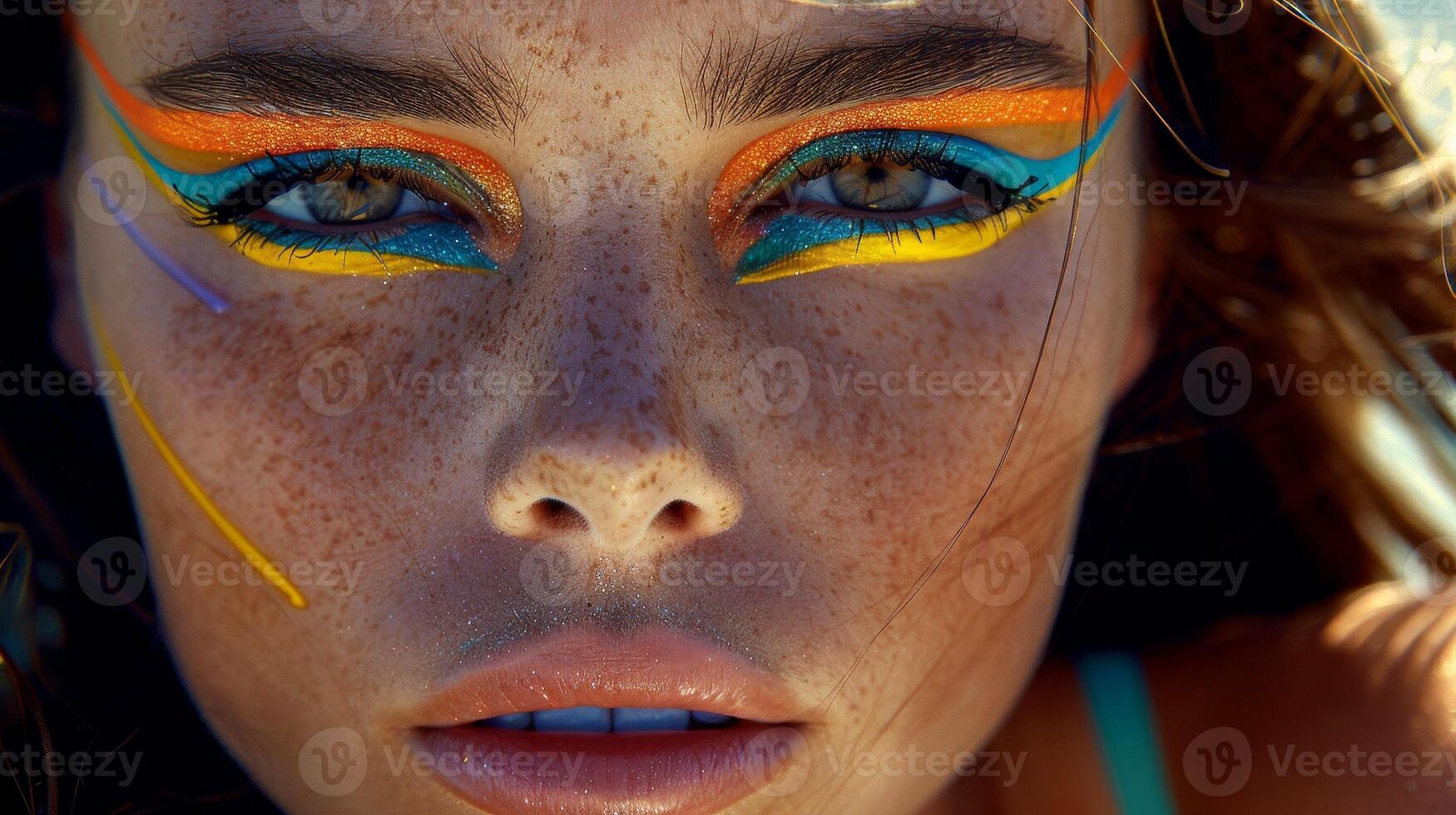 AI generated Close-up, Pretty face of a beautiful woman with multi colors vivid makeup on minimal background, Generative AI photo