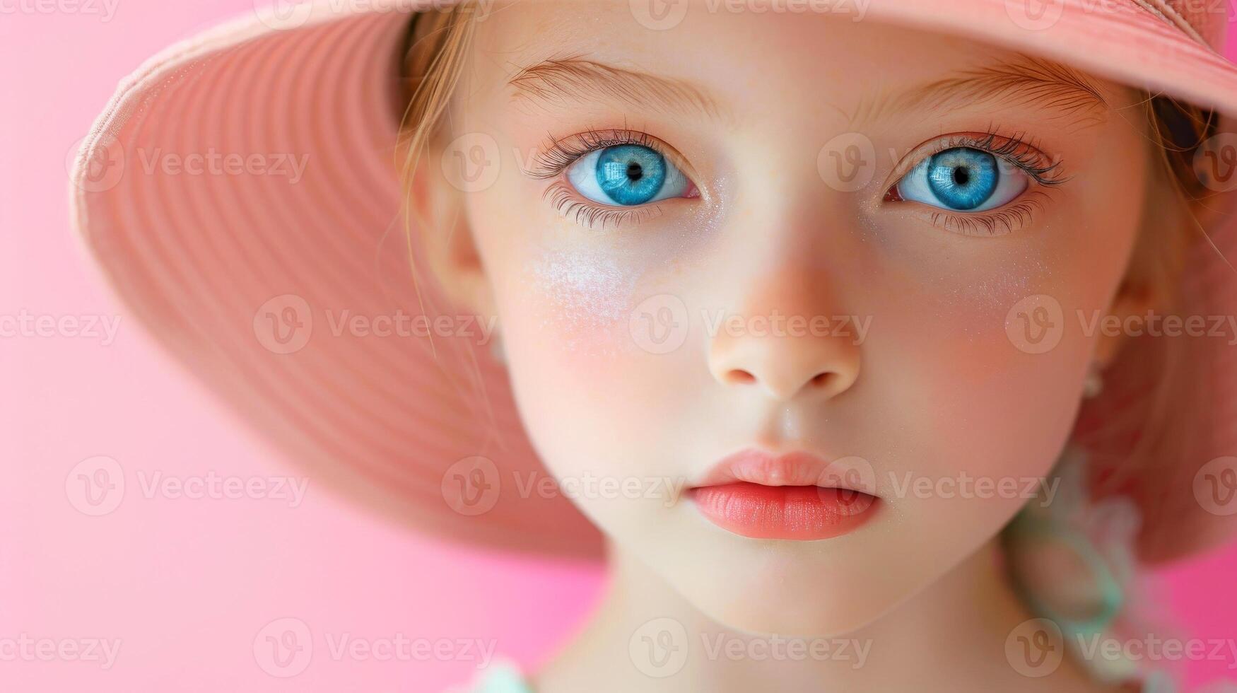 ai generado de cerca, bonito cara de un hermosa niño niña con multi colores vívido maquillaje en mínimo fondo, generativo ai foto