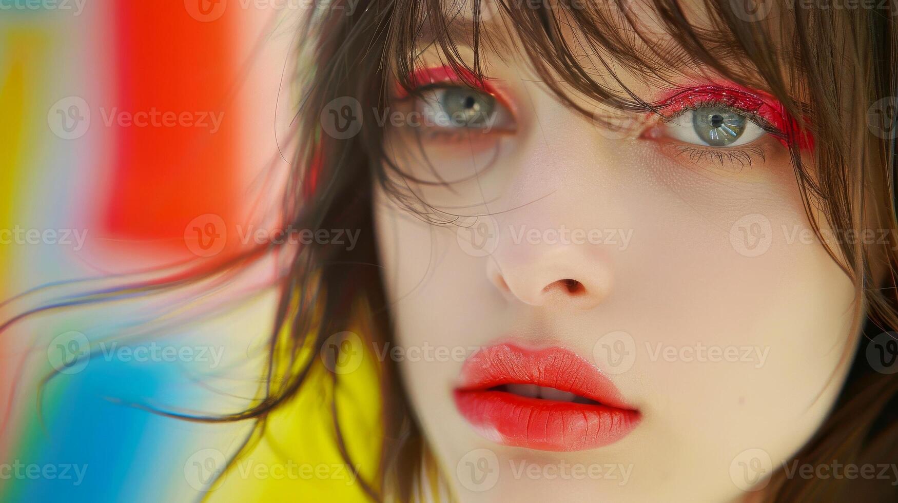 AI generated Close-up, Pretty face of a beautiful woman with multi colors vivid makeup on minimal background, Generative AI photo