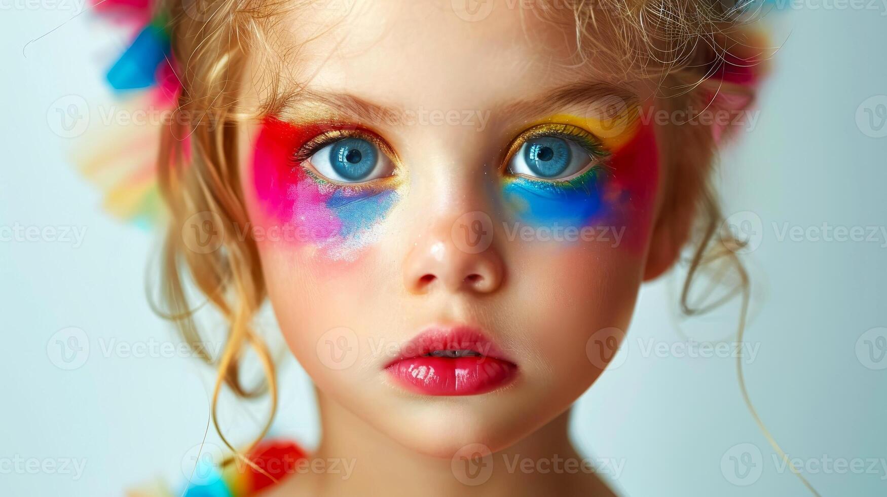 ai generado de cerca, bonito cara de un hermosa niño niña con multi colores vívido maquillaje en mínimo fondo, generativo ai foto