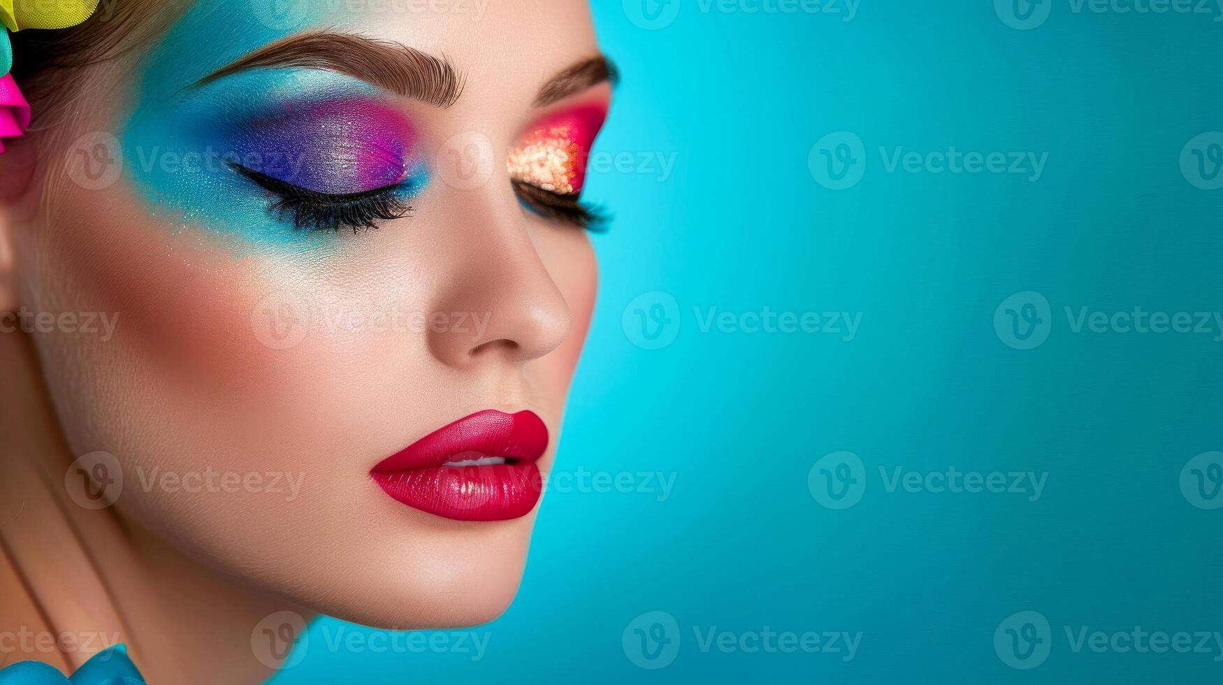 AI generated Close-up, Pretty face of a beautiful woman with multi colors vivid makeup on minimal background, Generative AI photo