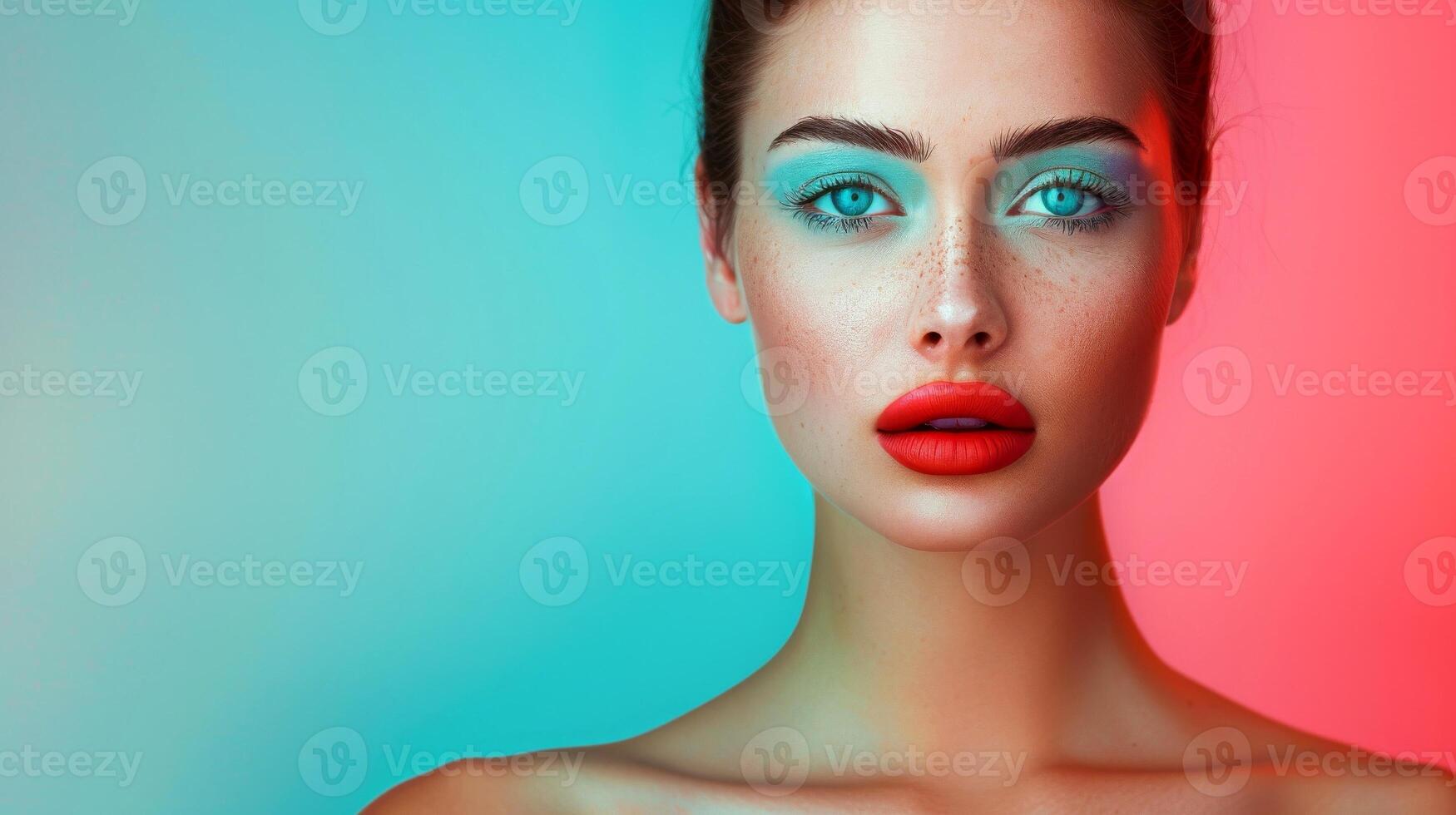 AI generated Close-up, Pretty face of a beautiful woman with multi colors vivid makeup on minimal background, Generative AI photo