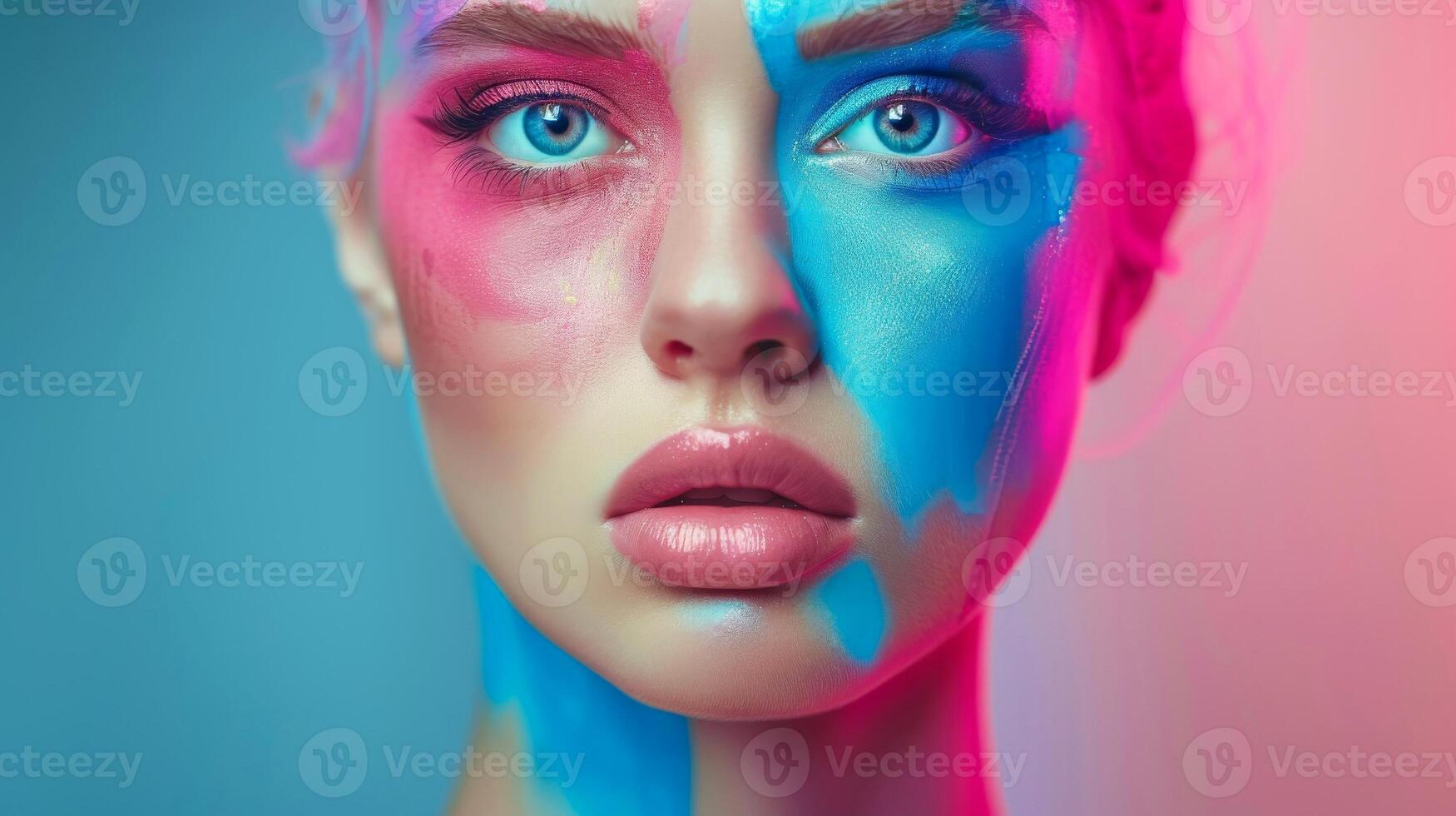 AI generated Close-up, Pretty face of a beautiful woman with multi colors vivid makeup on minimal background, Generative AI photo