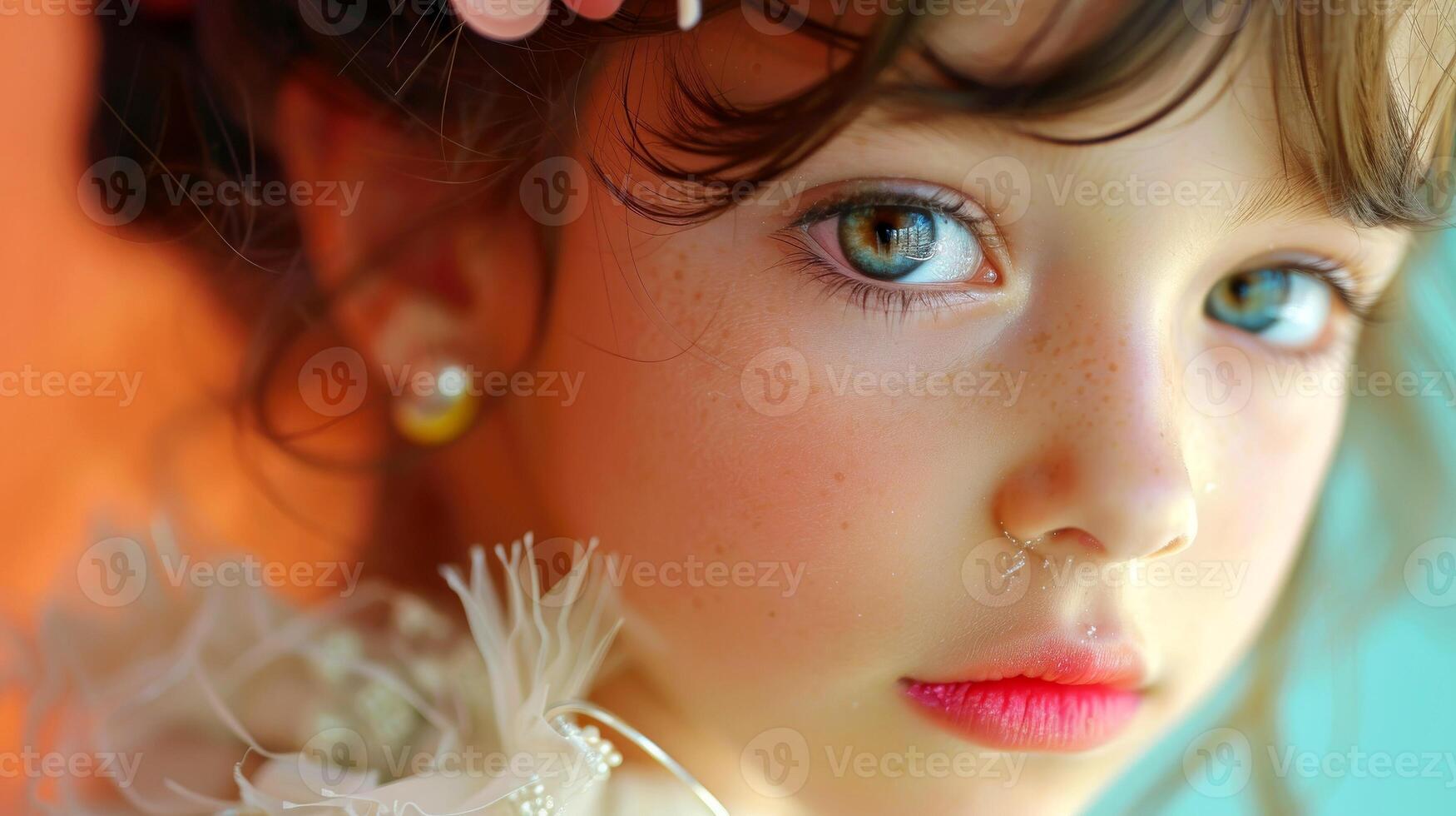 AI generated Close-up, Pretty face of a beautiful child girl with multi colors vivid makeup on minimal background, Generative AI photo