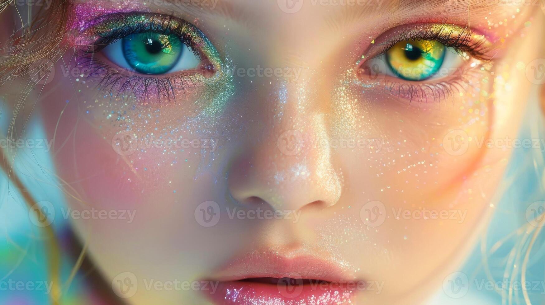 AI generated Close-up, Pretty face of a beautiful child girl with multi colors vivid makeup on minimal background, Generative AI photo