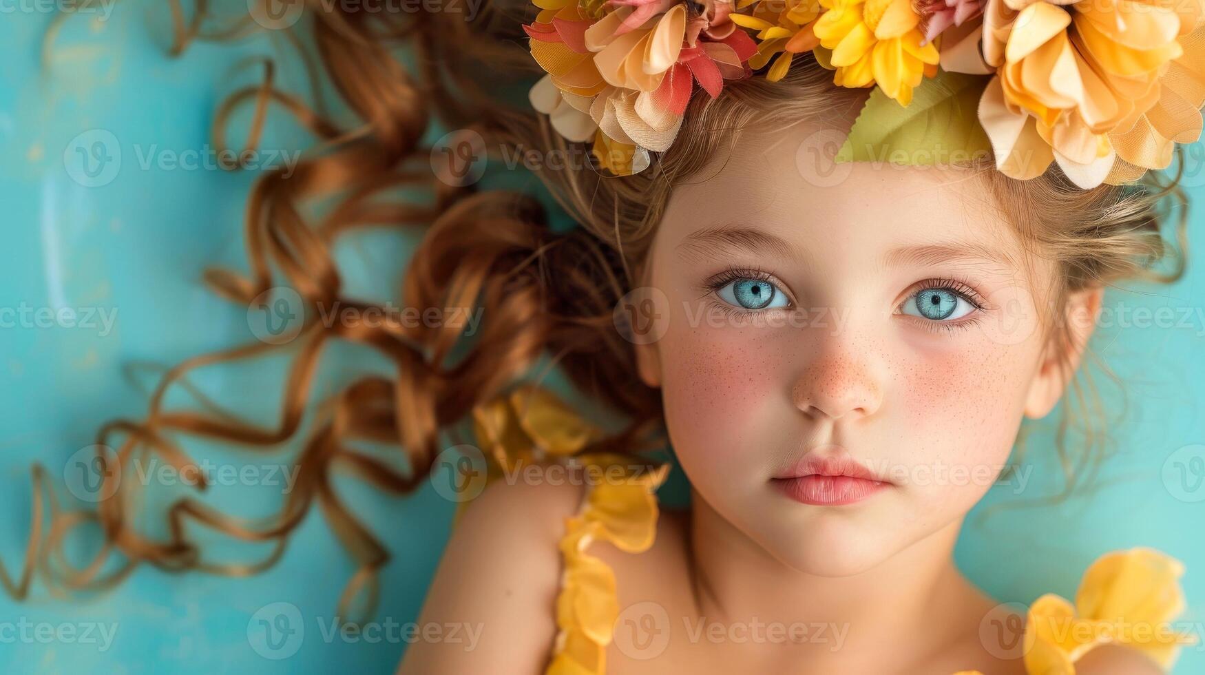 AI generated Close-up, Pretty face of a beautiful child girl with multi colors vivid makeup on minimal background, Generative AI photo