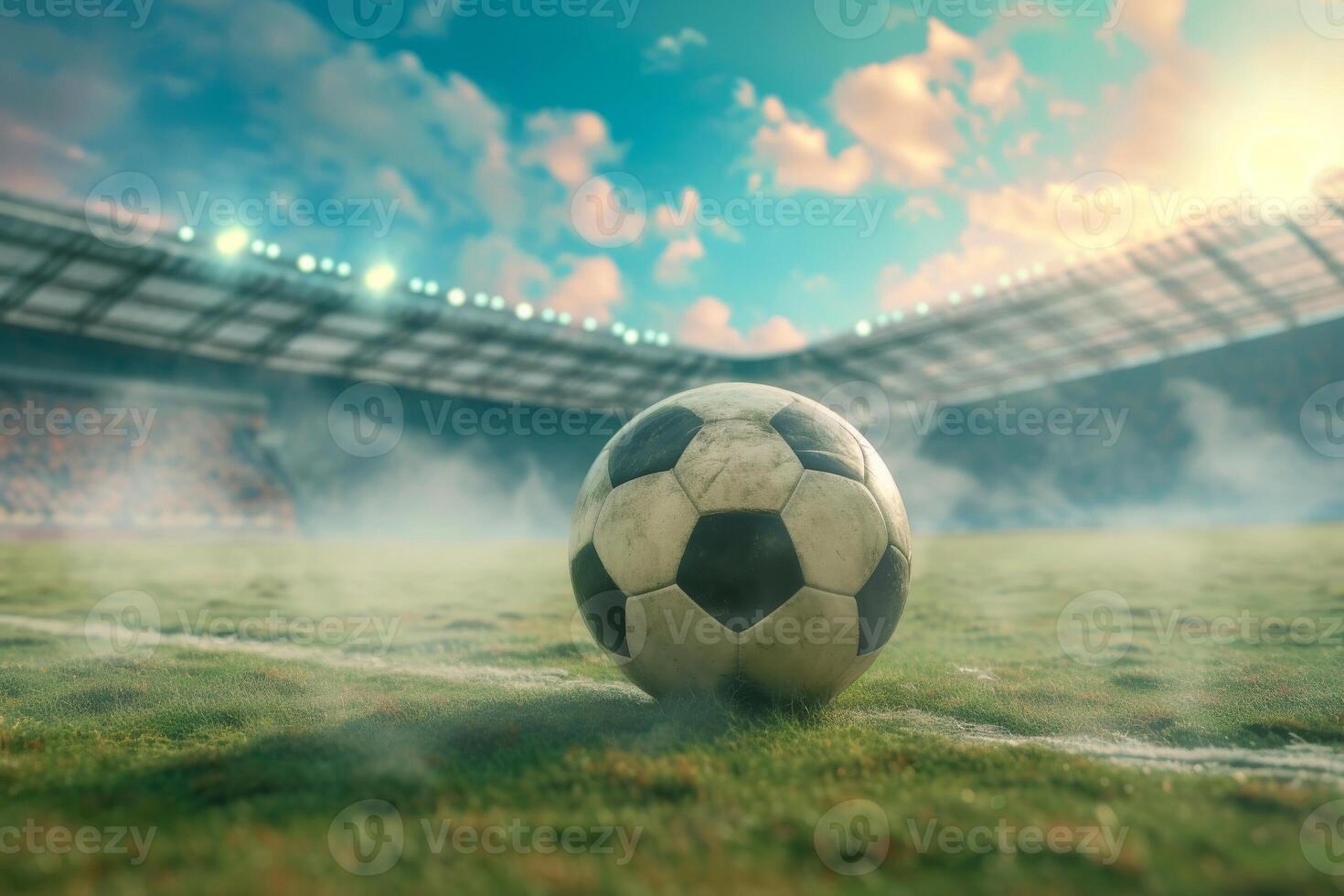 AI generated Close-up of old soccer ball in the stadium in the evening light, Generative AI photo