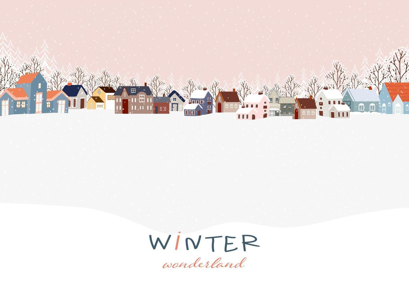 alegre Navidad antecedentes bandera con invierno ciudad pueblo paisaje con nieve cubriendo, lindo vector ilustración contento nuevo año saludo tarjeta 2025