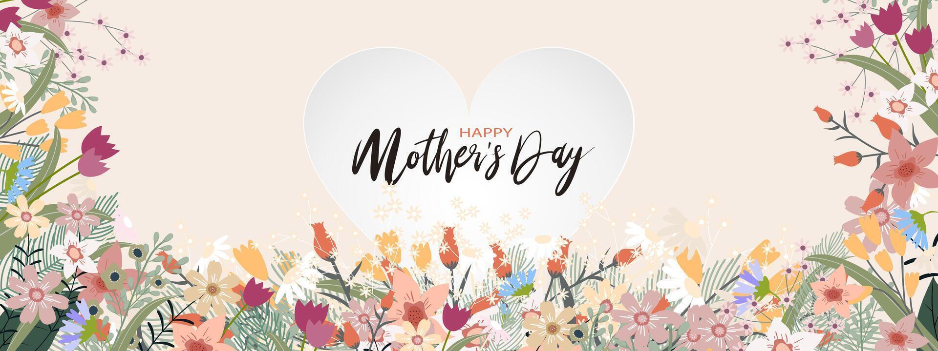 Happy Mother's day banner with heart shape,Multicolour Spring flowers border on beige background, Vector illustration horizontal backdrop of Beautiflu botanical border frame