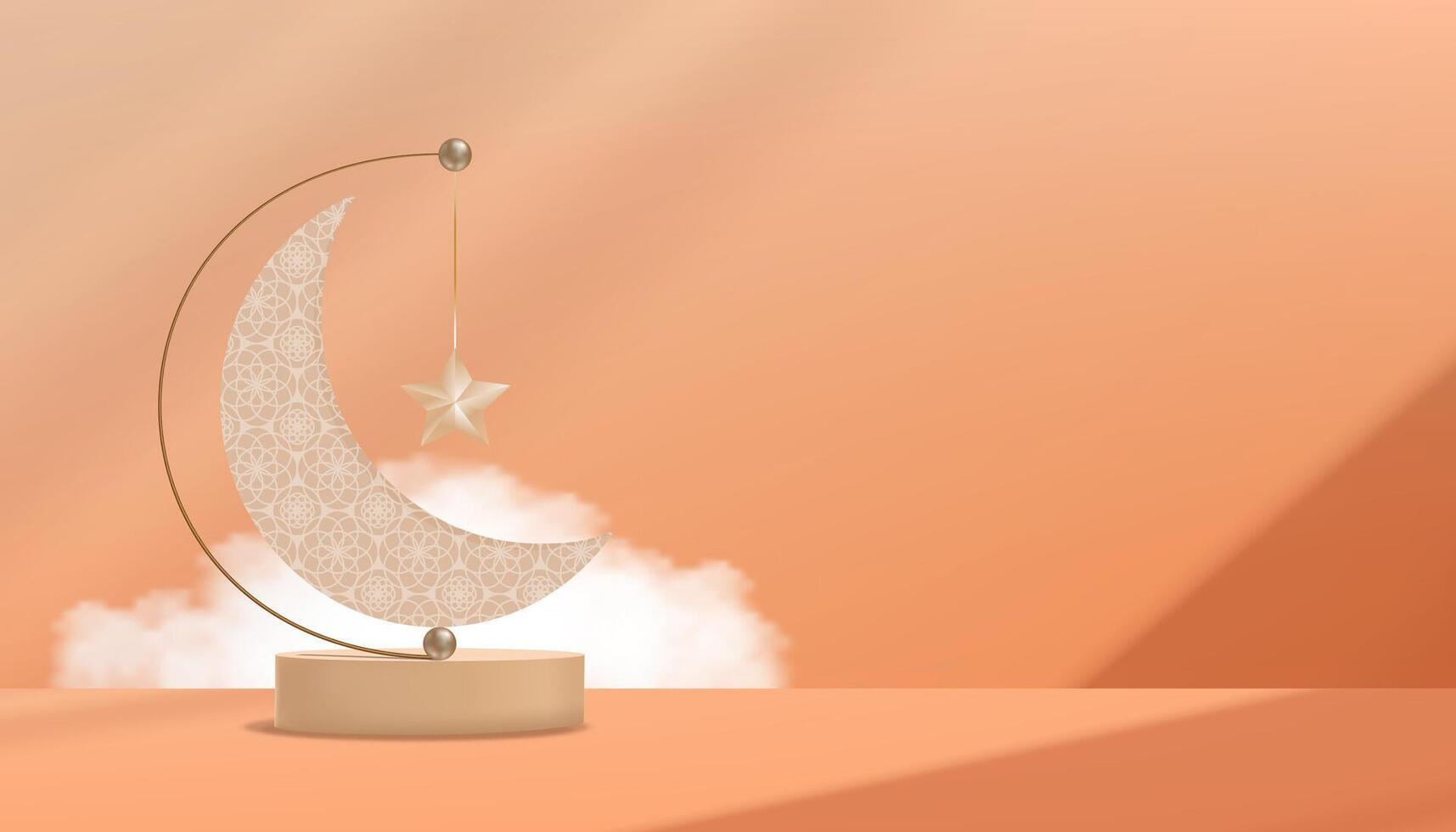 Eid al Adha Mubarak greeting design with Crescent Moon and Star hanging on 3D podium on Orange background.Vector Backdrop of Religion of Muslim Symbolic for Eid al fitr, Ramadan Kareem vector