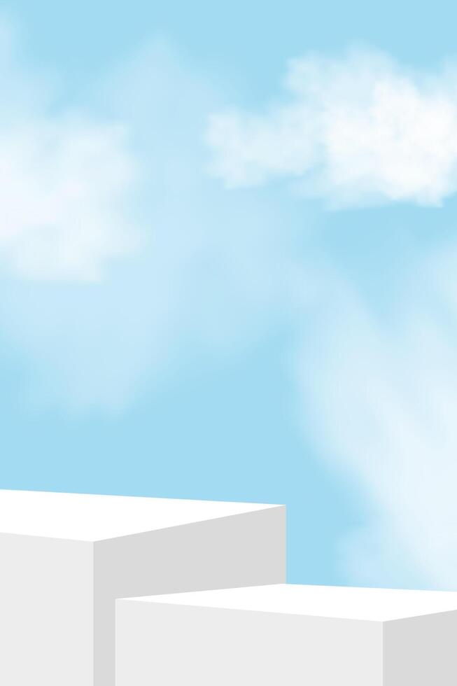 cielo azul y nube con blanco podio paso, plataforma 3d Bosquejo monitor paso para verano cosmético producto presentación para venta, promoción, web en línea, escena naturaleza primavera cielo con edificio pared vector