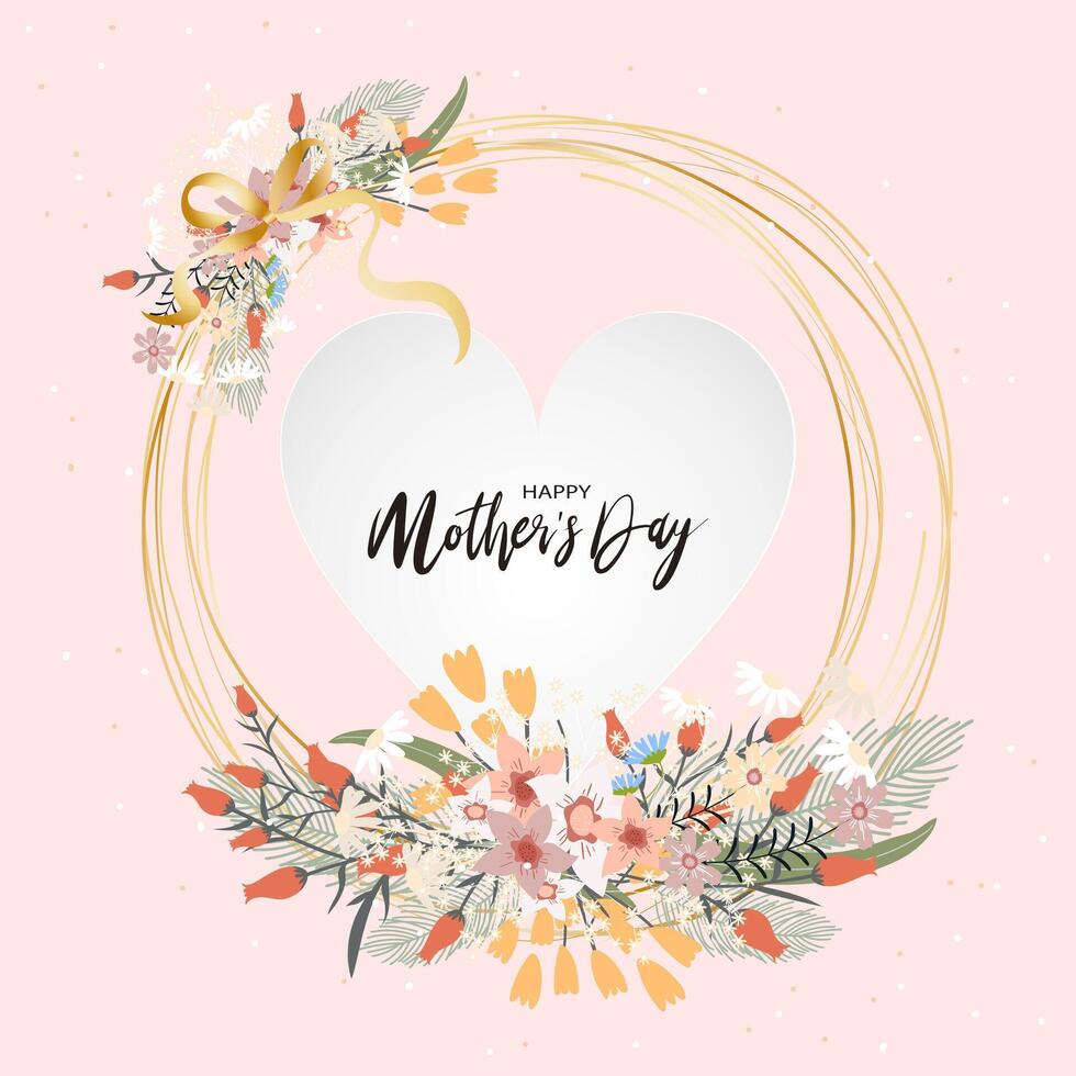 Mother's day greeting card,Beautiful blossom flowers frame on white heart paper cut on pink background,Vector illustration backdrop of cute blooming flora frame, Flat design of Beautiful botanical vector