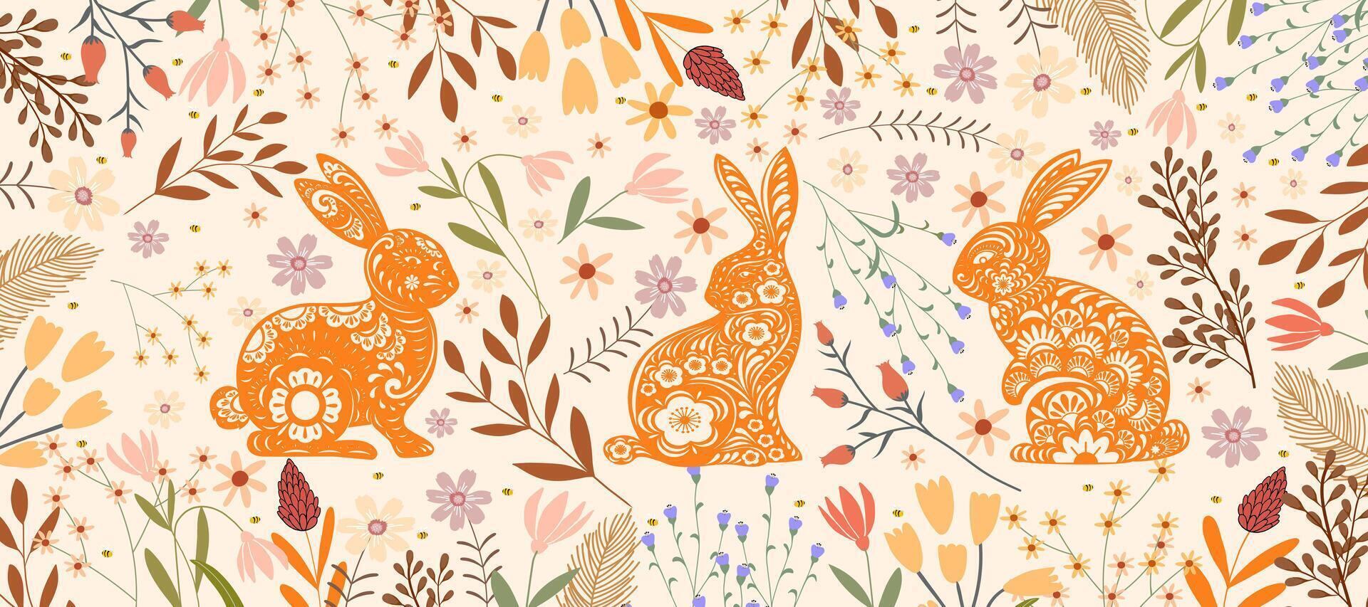 Pascua de Resurrección fondo, conejo con flor y hojas en naranja color, pascua conejito papel cortar con floral beige fondo, vector ilustración bandera para primavera verano