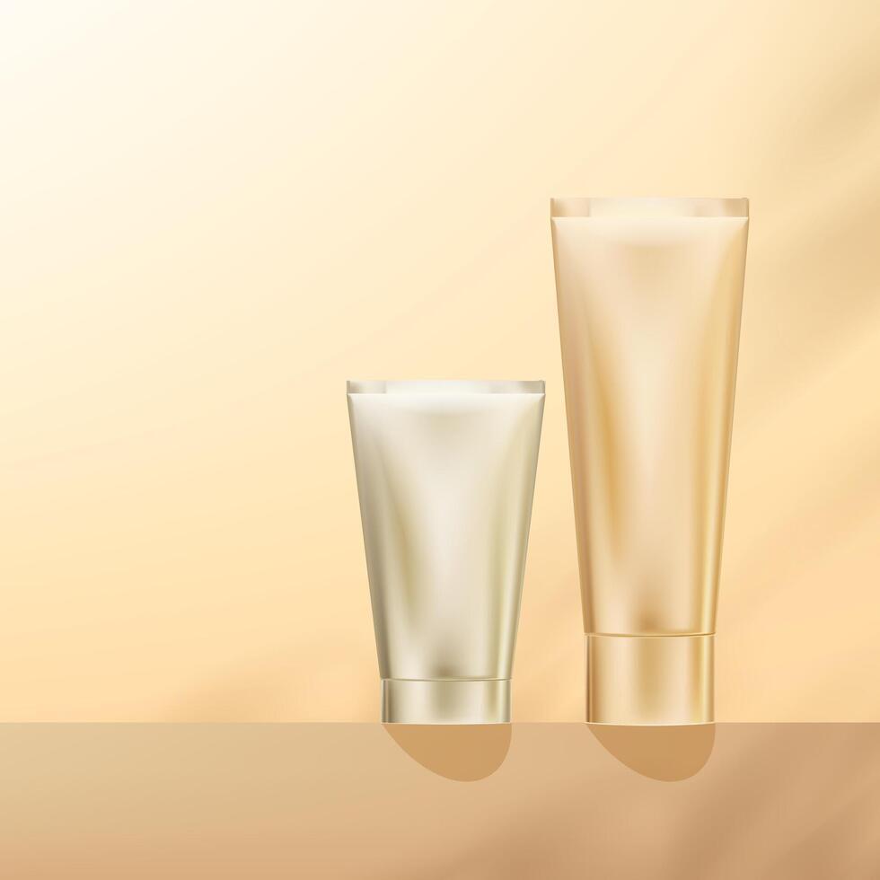 Studio background with natural cosmetic skincare tube on podium display stand with light,Leaves shadow on beige wall,Vector 3d Blank Gold plastic packaging mockup for Beauty Product Presentation vector