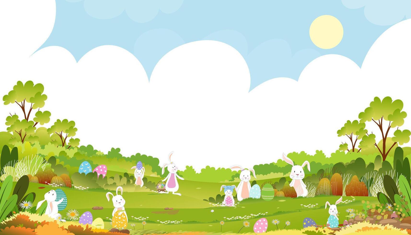 Pascua de Resurrección fondo primavera verde campos paisaje con linda conejito caza Pascua de Resurrección huevo con azul cielo y nube fondo, vector dibujos animados rural naturaleza en primavera,conejos jugando en césped tierra en Mañana