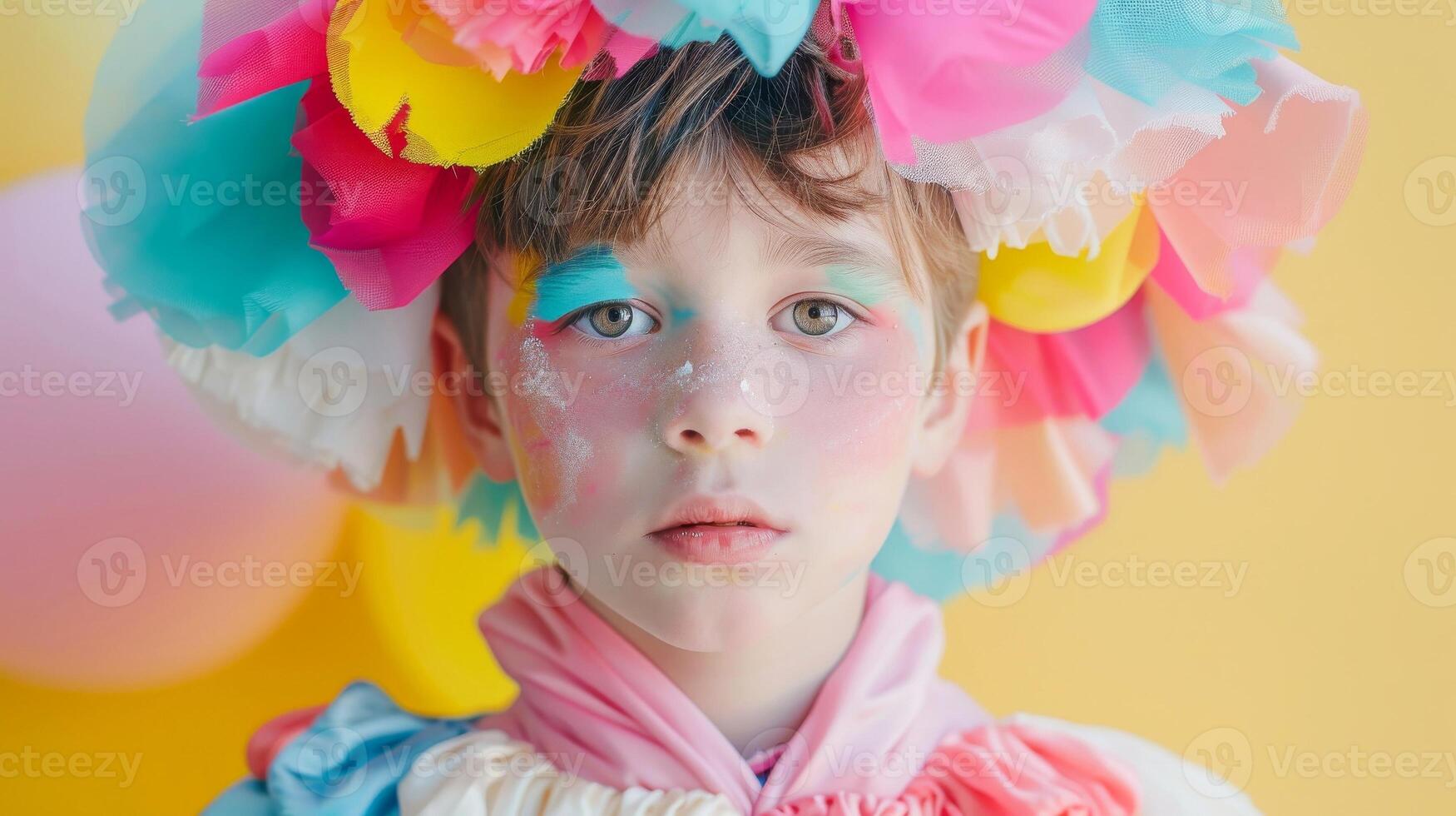 AI generated Close-up, Pretty face of a beautiful child boy with multi colors vivid makeup on minimal background, Generative AI photo