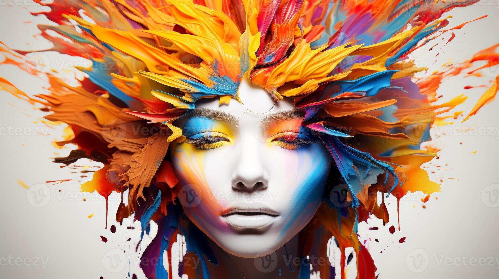 AI generated Woman face adorned with flowing paint art, multicolor explosion, Generative AI photo