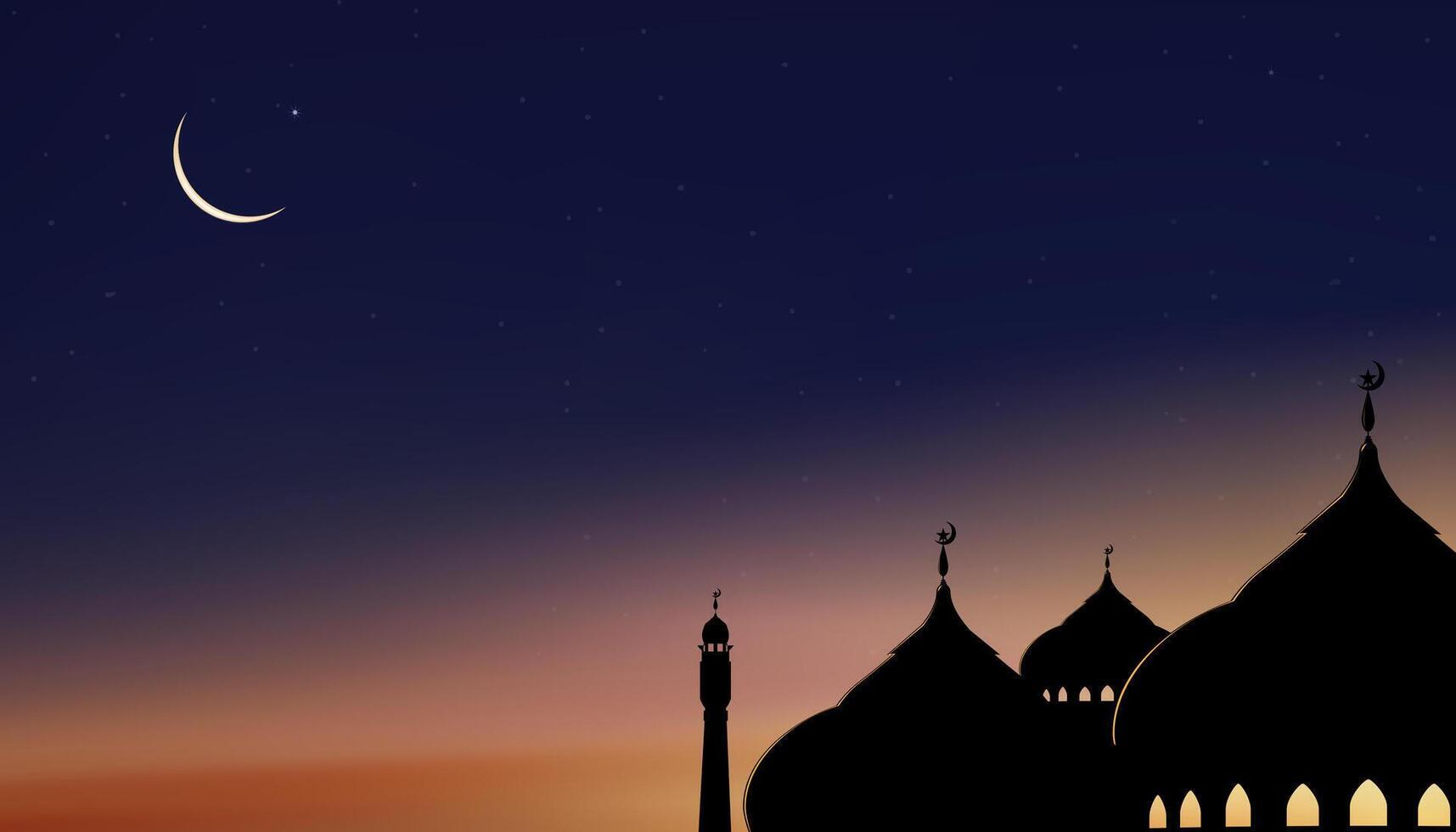 Islamic Background,Dome Mosques,Crescent Moon,Starry on Dark Blue Sky Background,Vetor symbol islamic religion with twilight sky,Banner Eid al Adha,Eid al fitr,Mubarak,New year Muharram,Ramadan Kareem vector