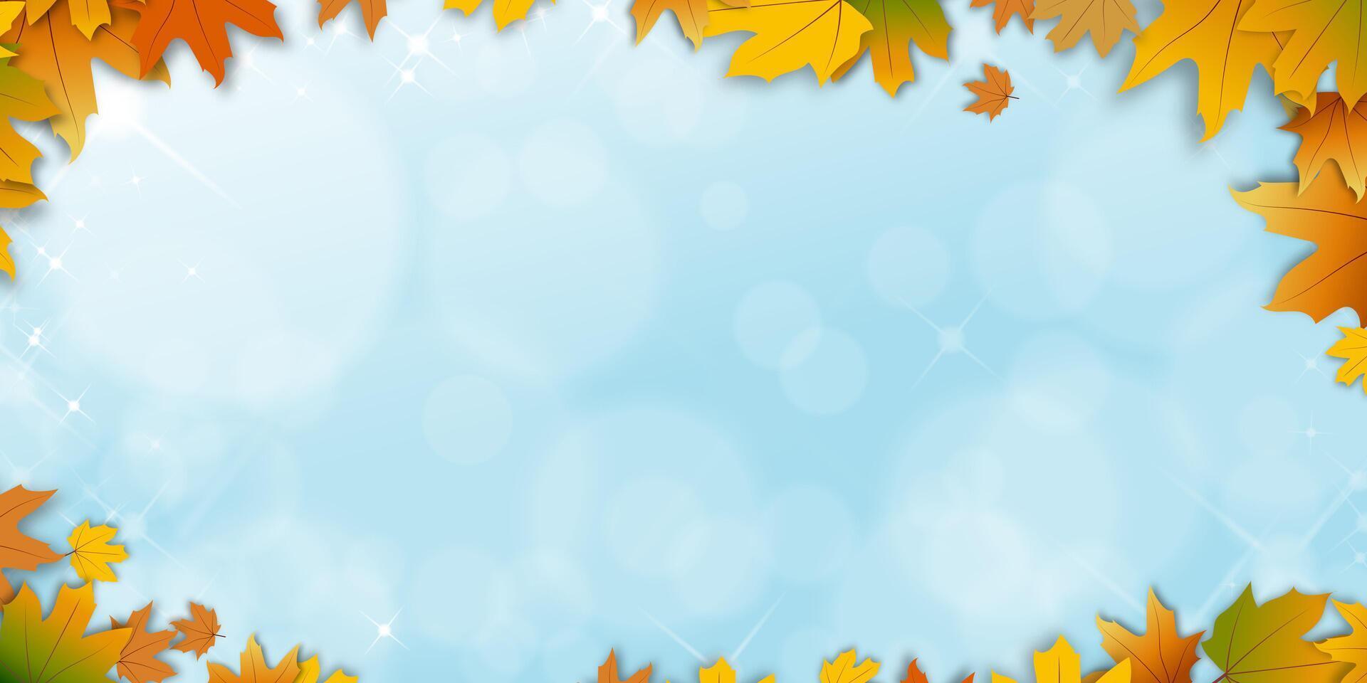 Autumn background with Maples leaves frame border and blurry bokeh light effect on sky blue background,Fall season backdrop with colourful  foliage and sunlight reflection,Banner for Thanksgiving vector