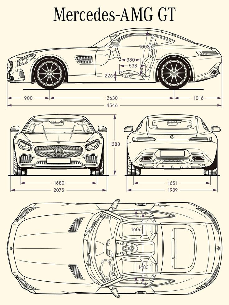 Mercedes AMG GT 2015 car blueprint vector