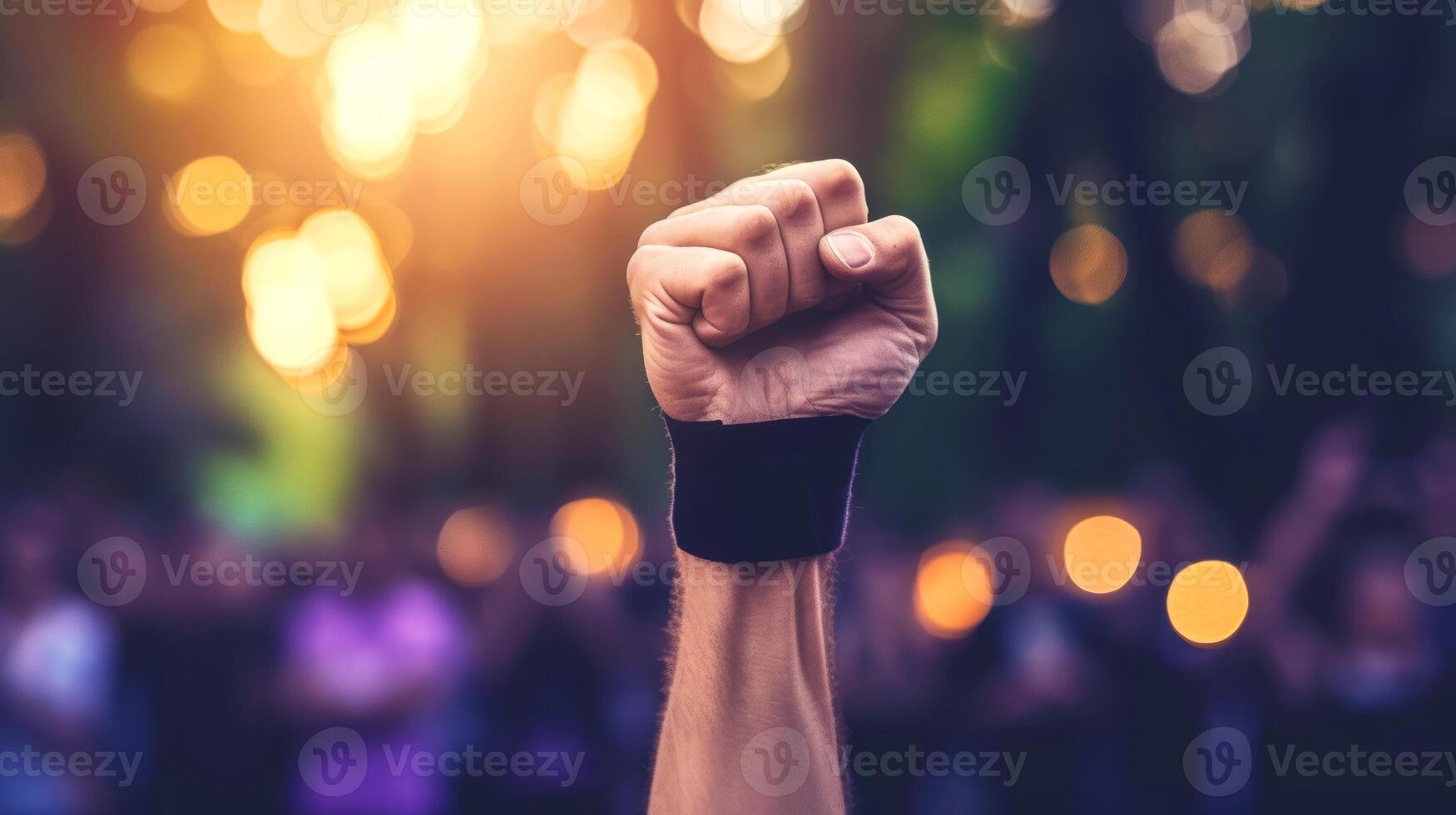 AI generated Close-up, Human raises their right hand displaying the symbol for Women Day awareness, Generative AI photo