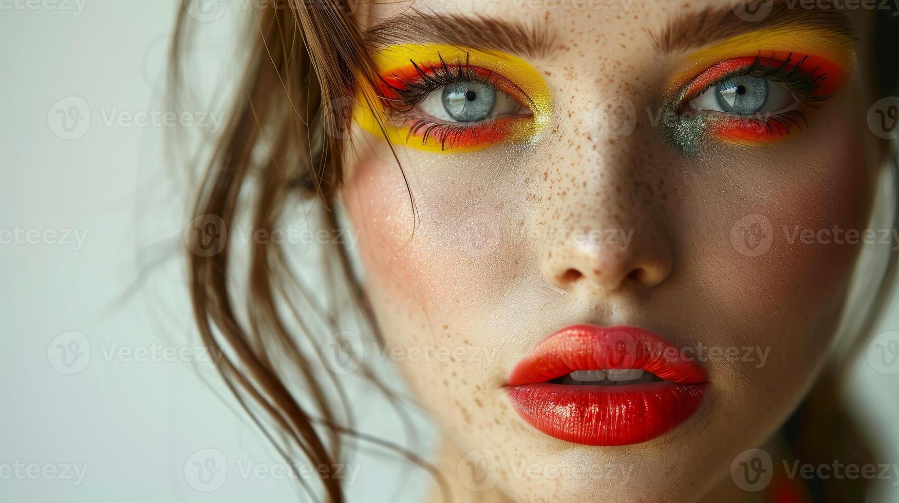 AI generated Close-up, Pretty face of a beautiful woman with multi colors vivid makeup on minimal background, Generative AI photo
