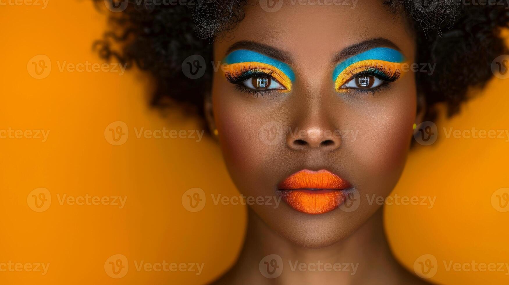 AI generated Close-up, Pretty face of a beautiful woman with multi colors vivid makeup on minimal background, Generative AI photo