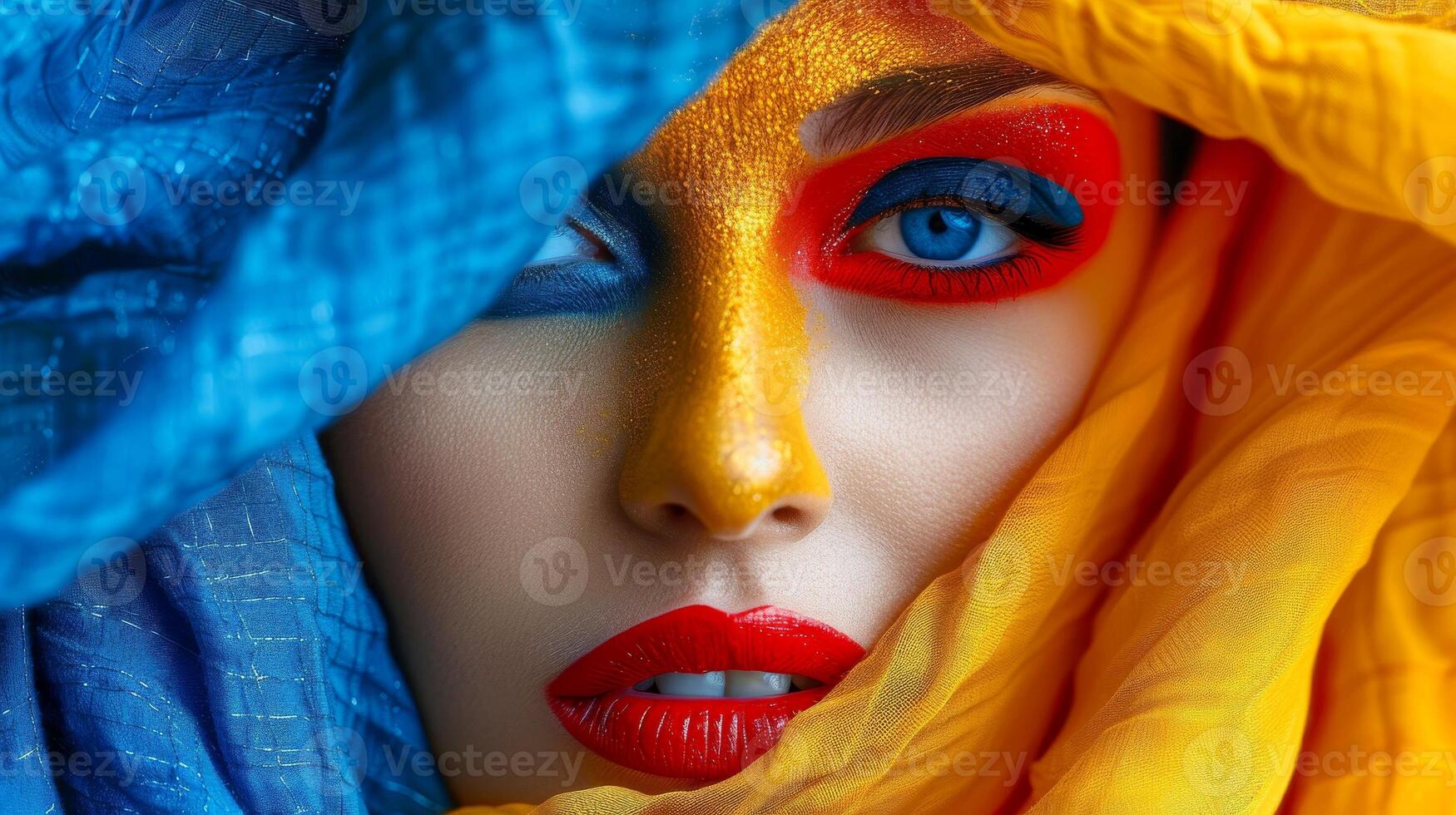 ai generado de cerca, bonito cara de un hermosa mujer con multi colores vívido maquillaje en mínimo fondo, generativo ai foto