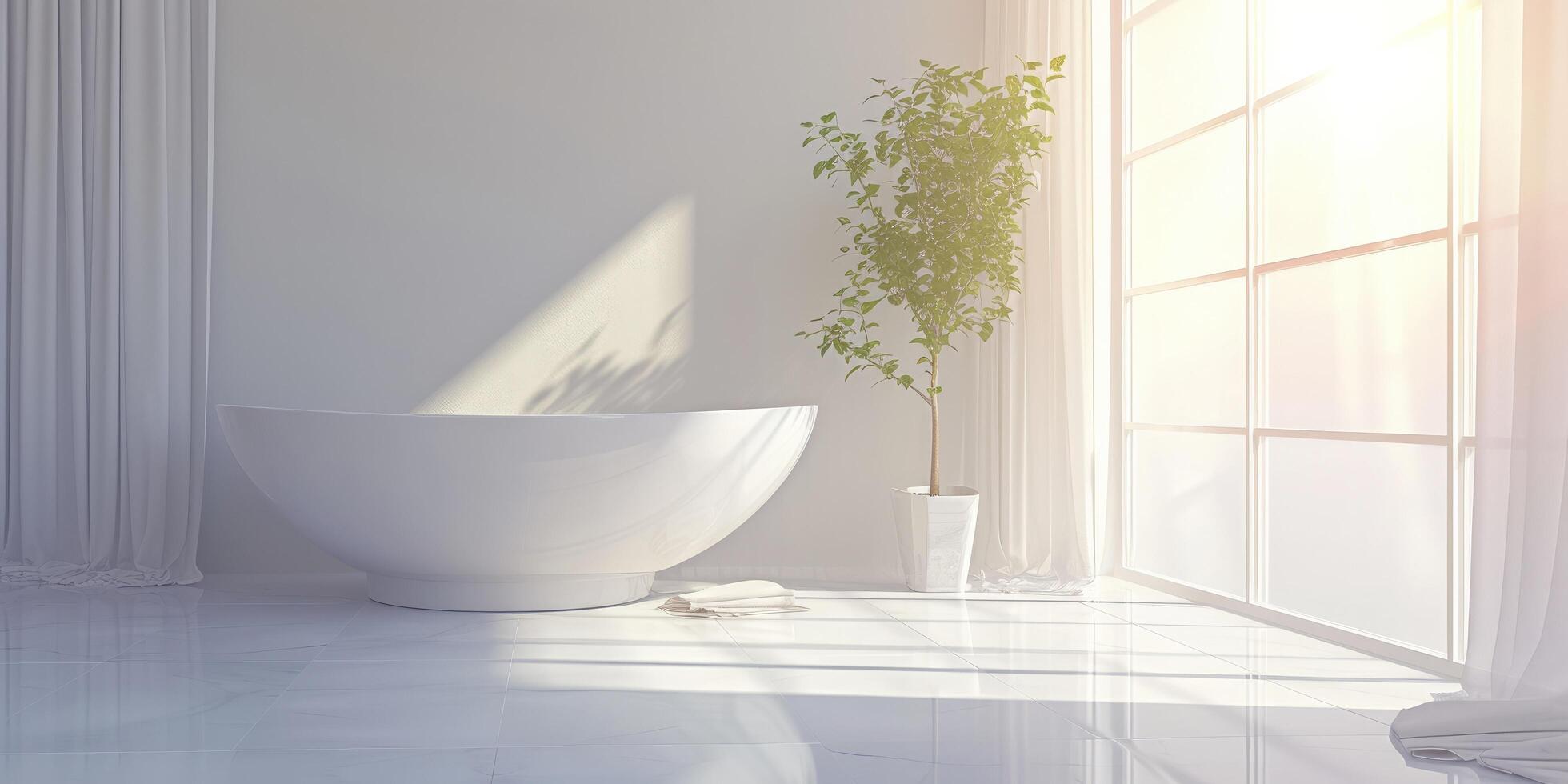 AI generated A Bright, Minimalist Bathroom Bathed in Natural Sunlight, Featuring a Clean White Aesthetic and Ample Copy Space for a Fresh and Inviting Atmosphere. photo