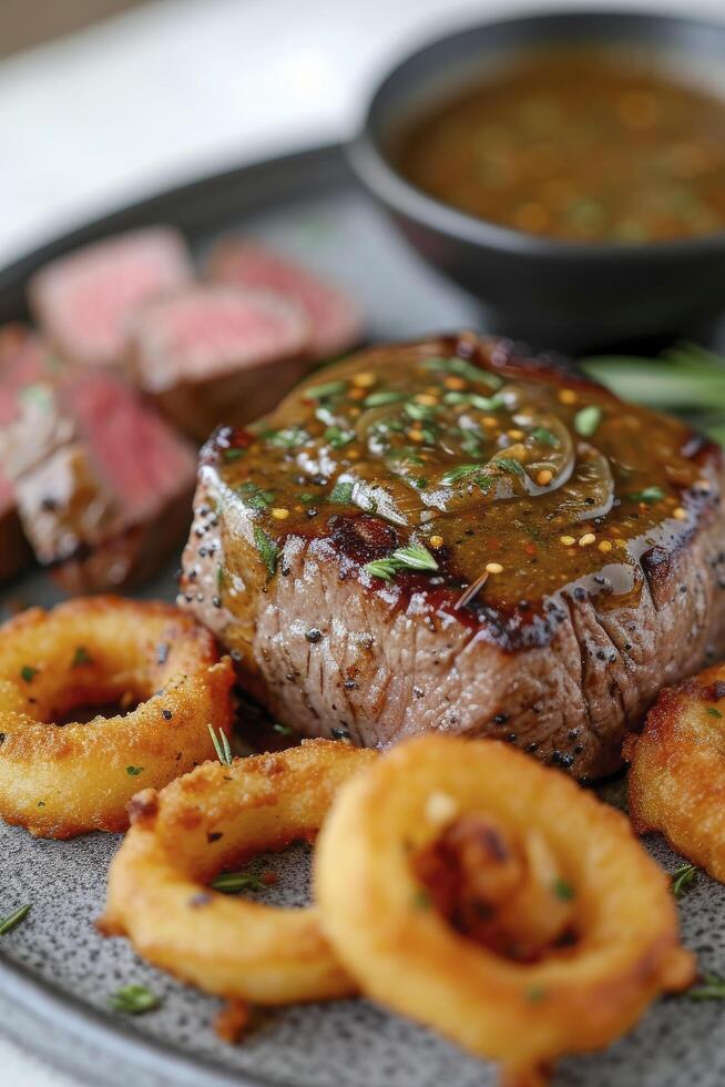 ai generado un filete servido con grano de pimienta salsa y acompañado por cebolla anillos, presentado en un blanco antecedentes. foto