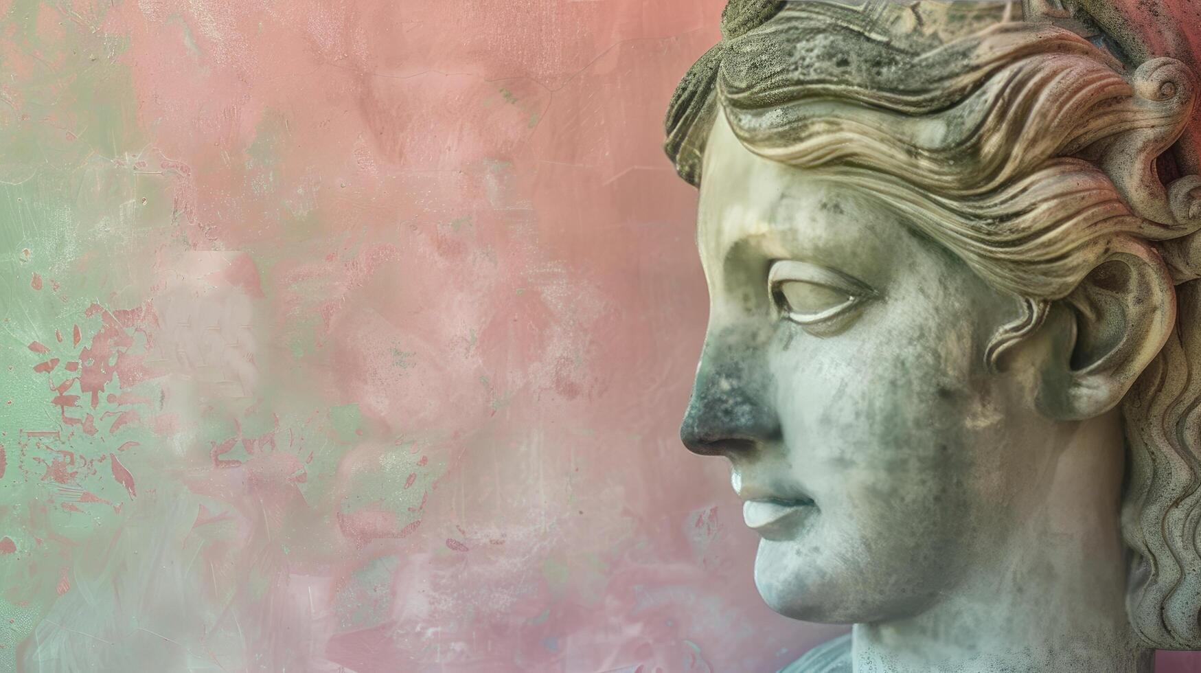 AI generated Pastel Reverence, Close-Up of Abstract Greek Deity Sculpture Against Gradient Pink and Green Background, Offering Copy Space photo