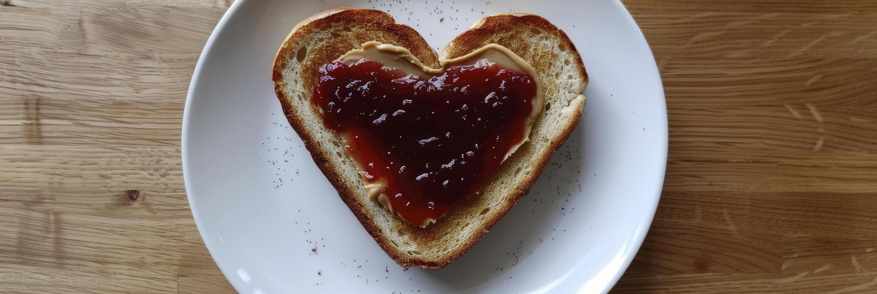 AI generated Heartwarming Breakfast, Toasted Heart-Shaped Bread Topped with a Dollop of Peanut Butter and Dark Red Jam, Presented on a White Plate Against a Wooden Table photo